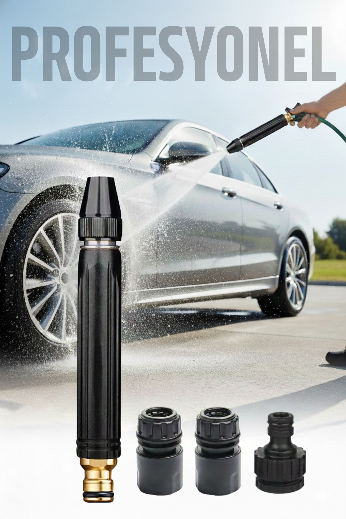 Tazyik Arttıran Oto Yıkama Hortum Başlığı Seti | Basınçı Oto Yıkama 3 Musluk Adaptörlü Güçlü Jet 