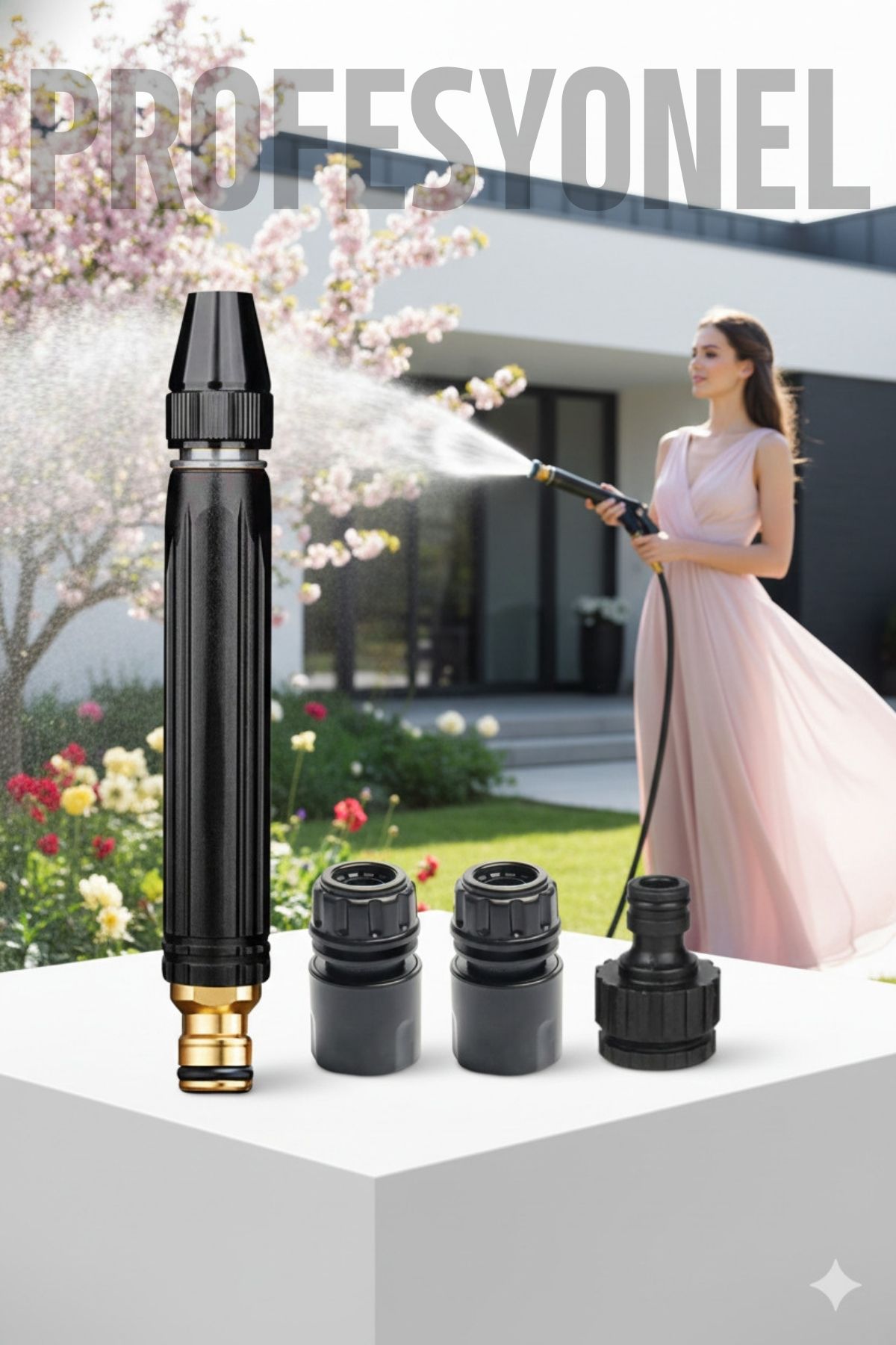 Tazyik Arttıran Bahçe Yıkama Sulama Hortum Başlığı Seti  3 Musluk Adaptörlü Güçlü Jet 