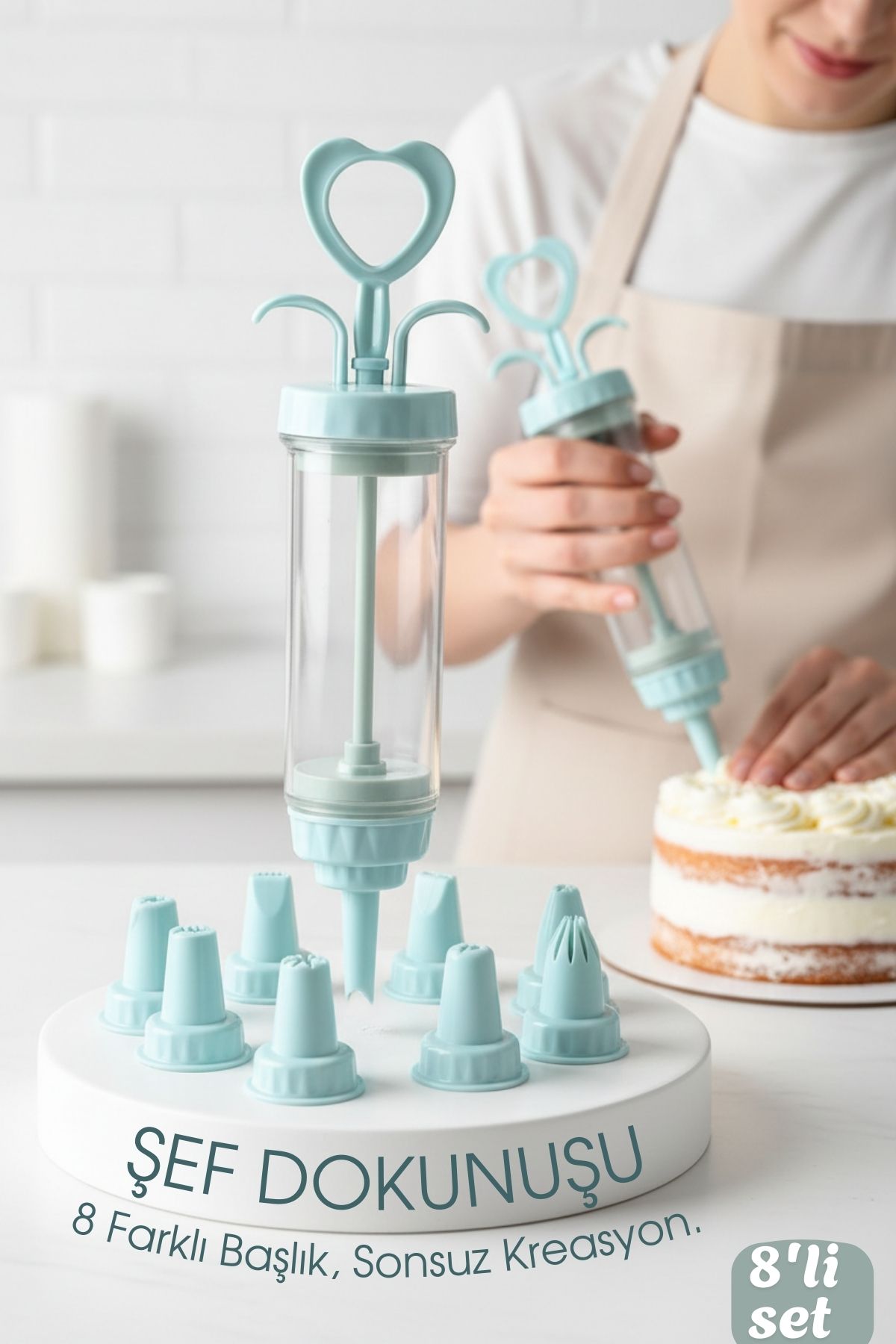 Profesyonel 8'li Başlıklı Pasta Krema Süsleme Pompası Seti Enjektör Uçlu 