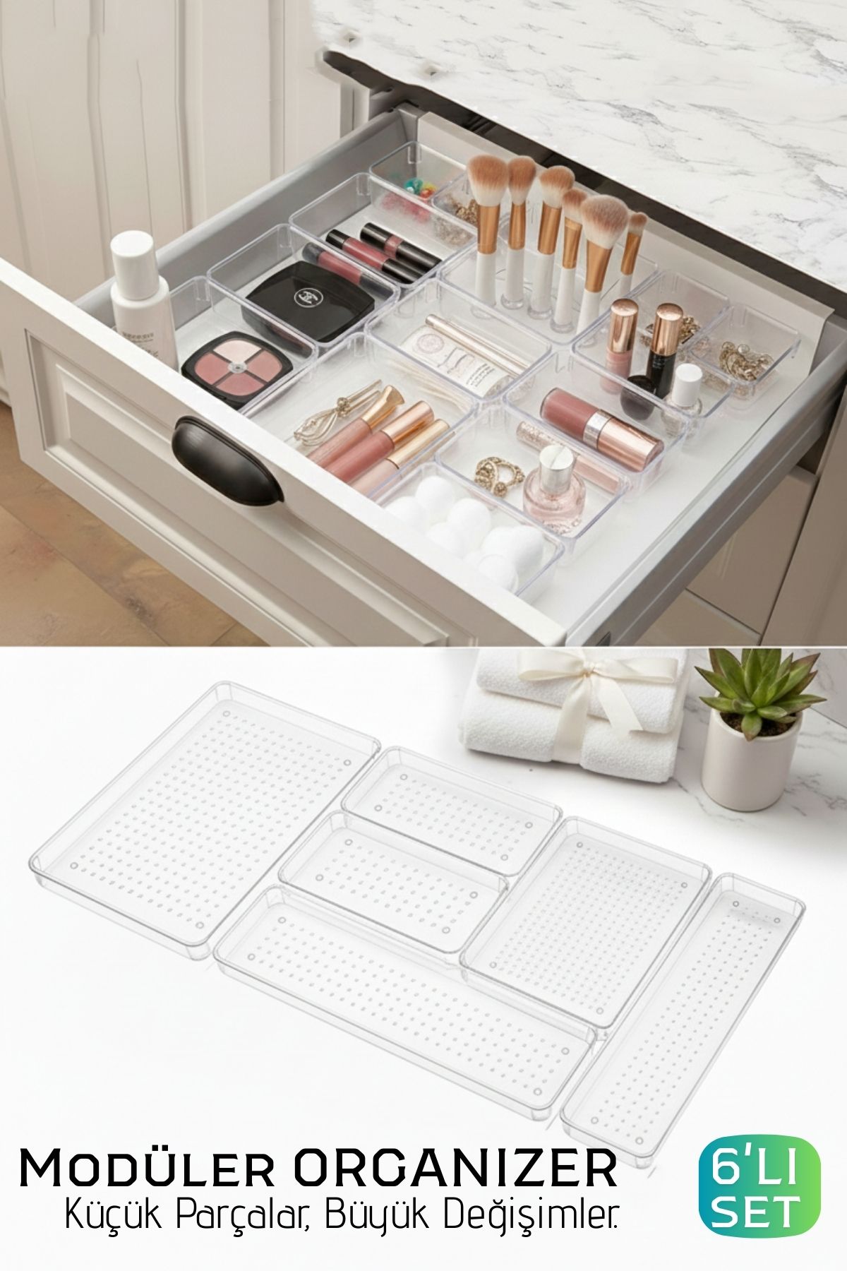 6 Parça Modüler Kristal Çekmece Düzenleyici Seti - Lüks Makyaj, Takı ve Ofis Organizeri 