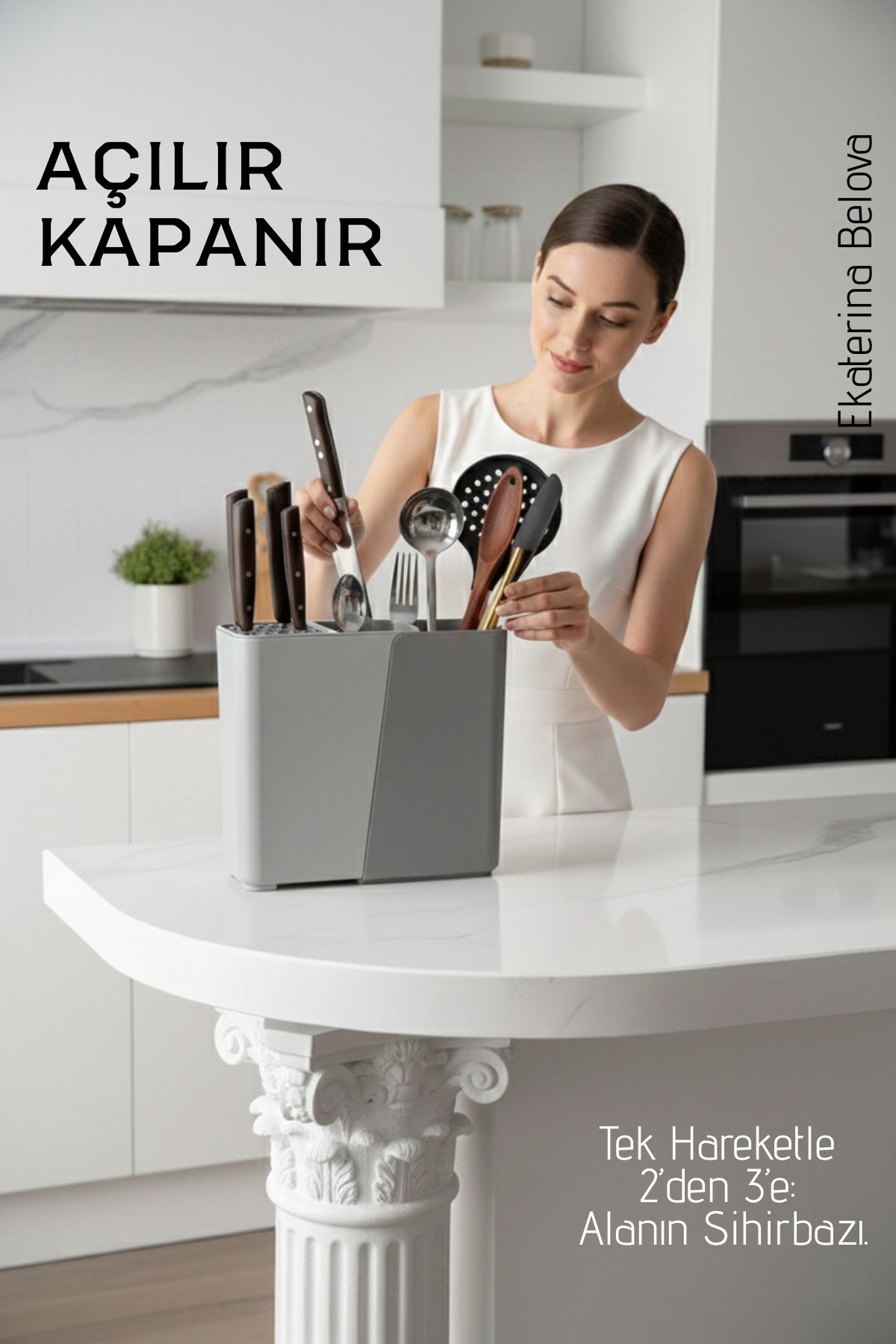 Akıllı Sürgülü Bıçaklık ve Kaşıklık Organizeri - Ayarlanabilir Tezgah Üstü Mutfak Düzenleyici 