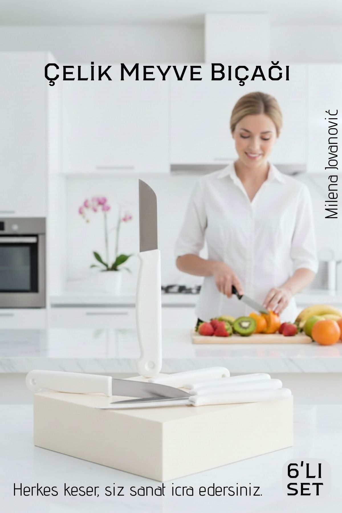 6'lı Premium Paslanmaz Çelik Meyve Bıçağı Seti - Beyaz Saplı Keskin Soyma Bıçağı Takımı 