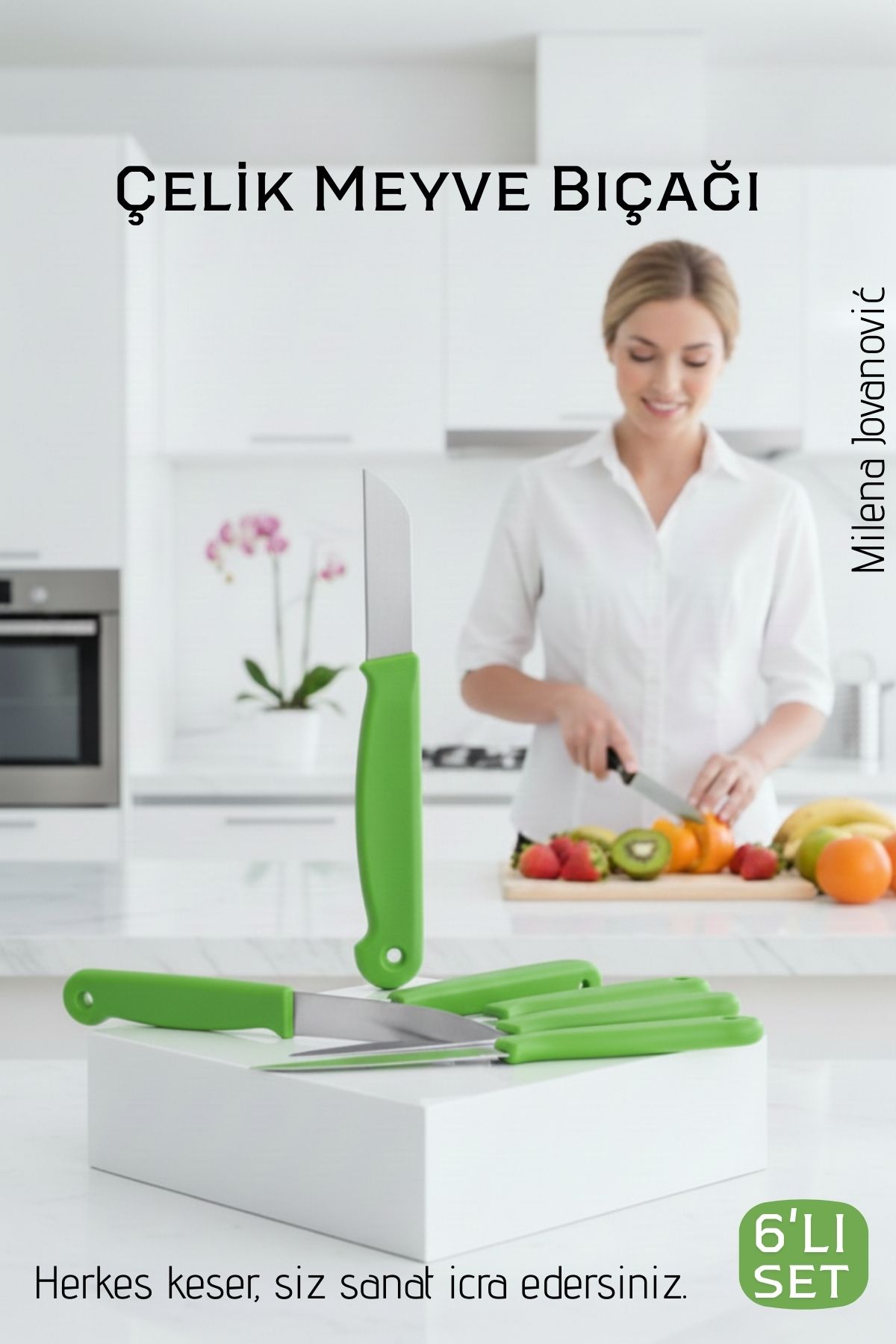 6'lı Premium Paslanmaz Çelik Meyve Bıçağı Seti - Yeşil Saplı Keskin Soyma Bıçağı Takımı 
