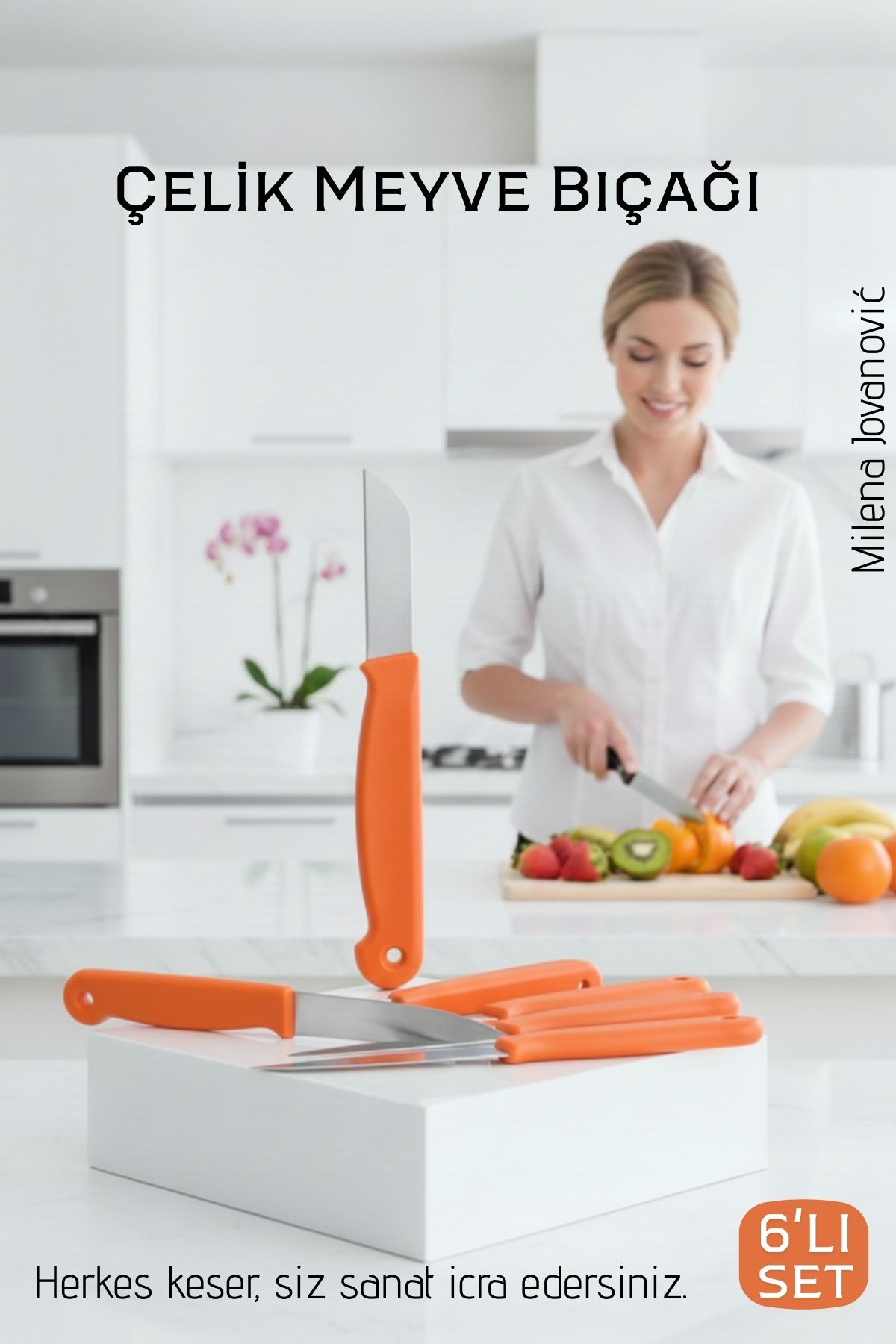 6'lı Premium Paslanmaz Çelik Meyve Bıçağı Seti - Turuncu Saplı Keskin Soyma Bıçağı Takımı 