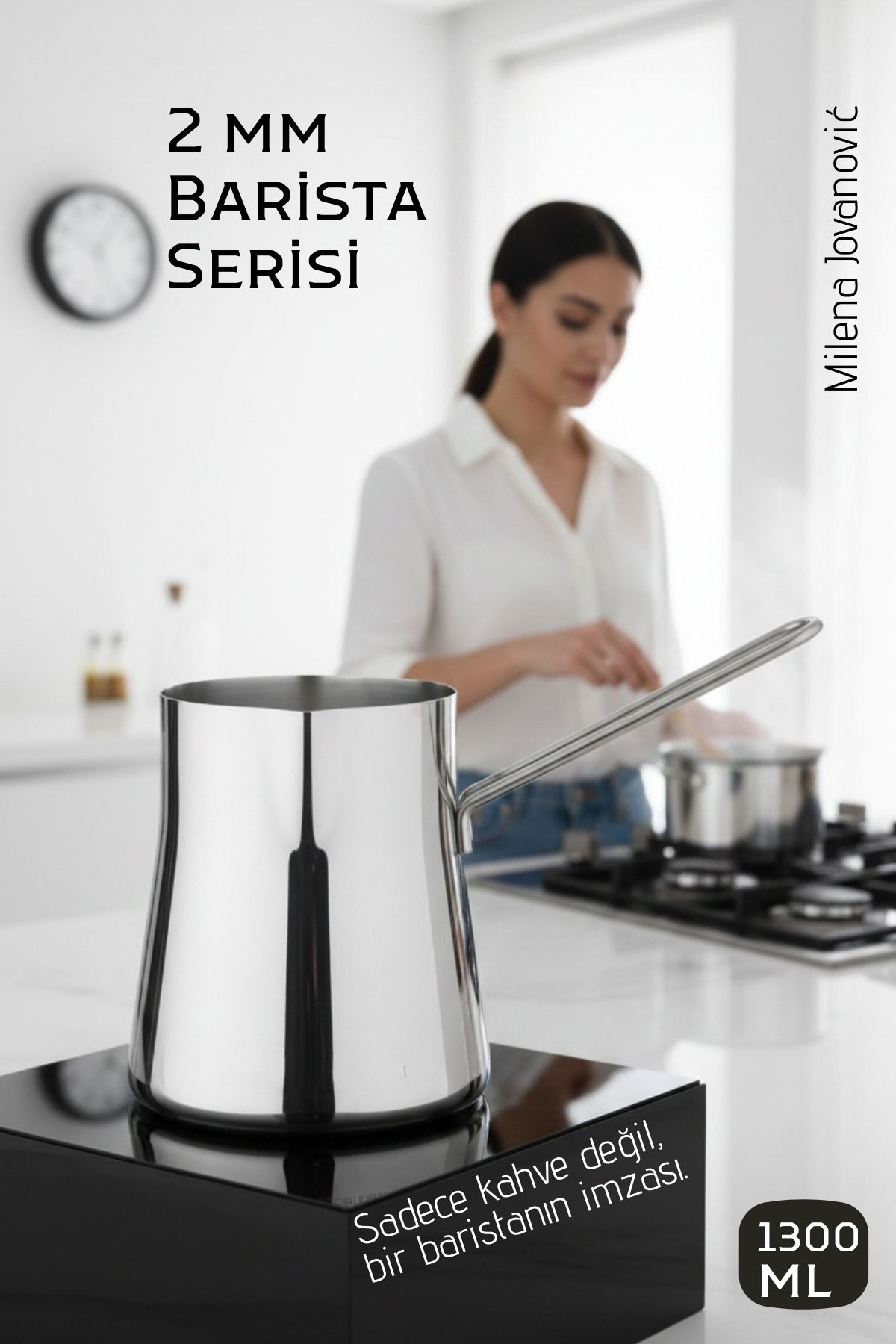 Premium 304 Paslanmaz Çelik Cezve  1300 ml Profesyonel Barista Serisi, Isıya Dayanıklı Sap 