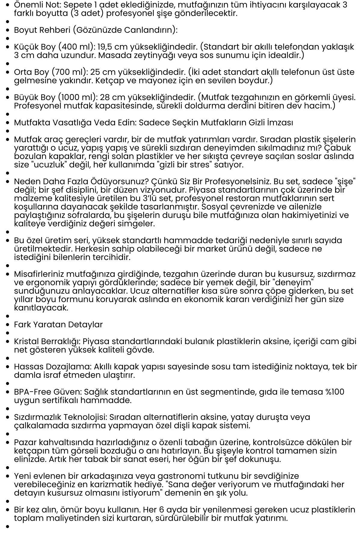 3'lü Sos Şişesi, Ketçap Mayonez Hardal ve Zeytinyağı Şişesi 400 ml,700 ml, 1000 ml Set 722598