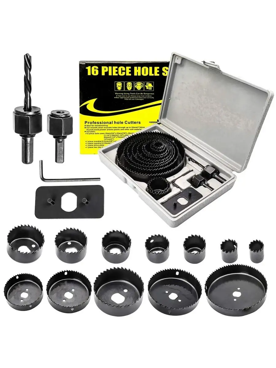 16 Parça Profesyonel Panç Buat Açma Seti - Ahşap ve Alçıpan Delme Testere Seti (19-127 mm) 722609