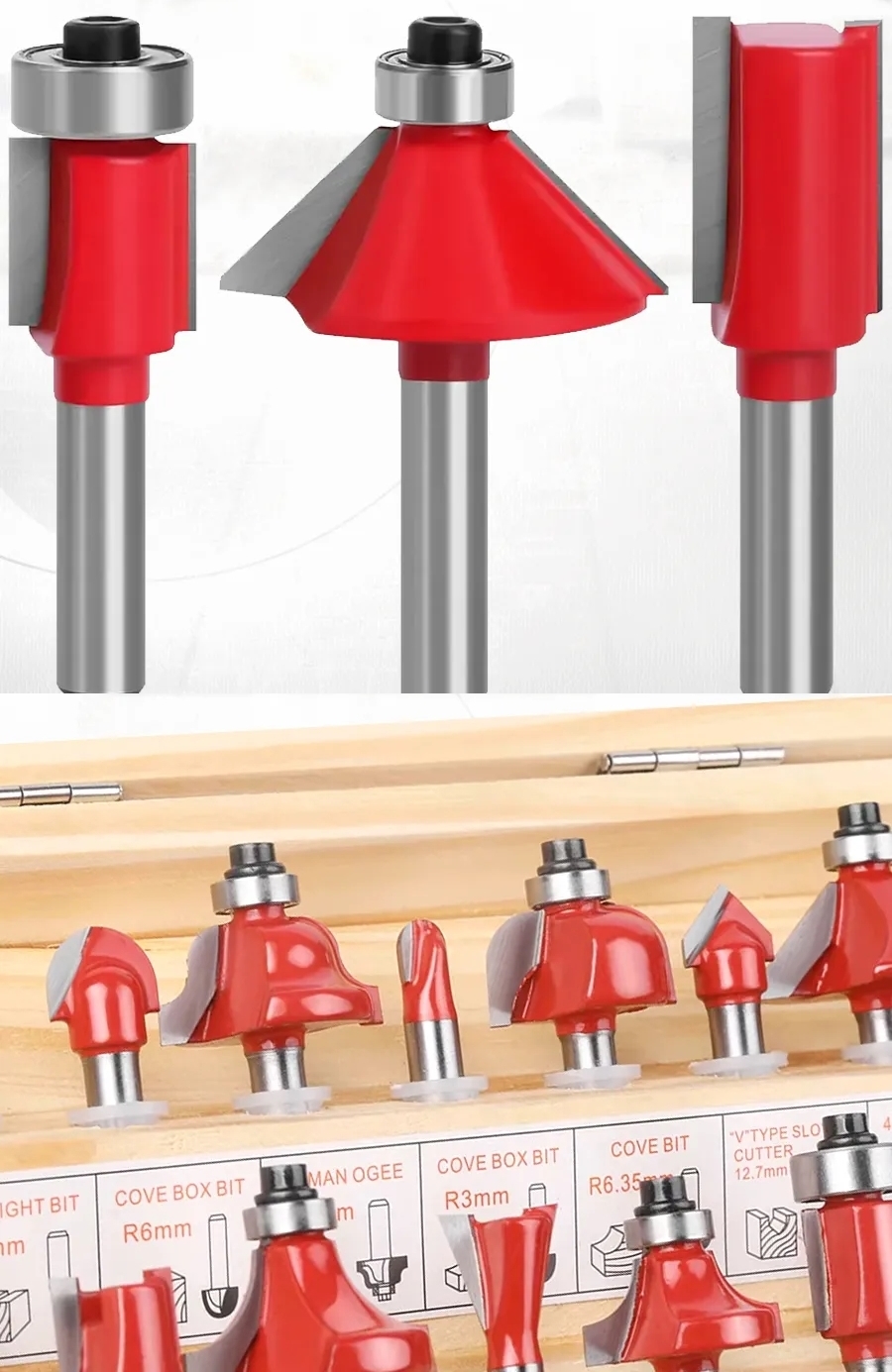 Profesyonel 12'li Ahşap Freze Ucu Seti 8mm Şaft | Rulmanlı Karbür Oyma Bıçakları Ahşap Kutulu 722627