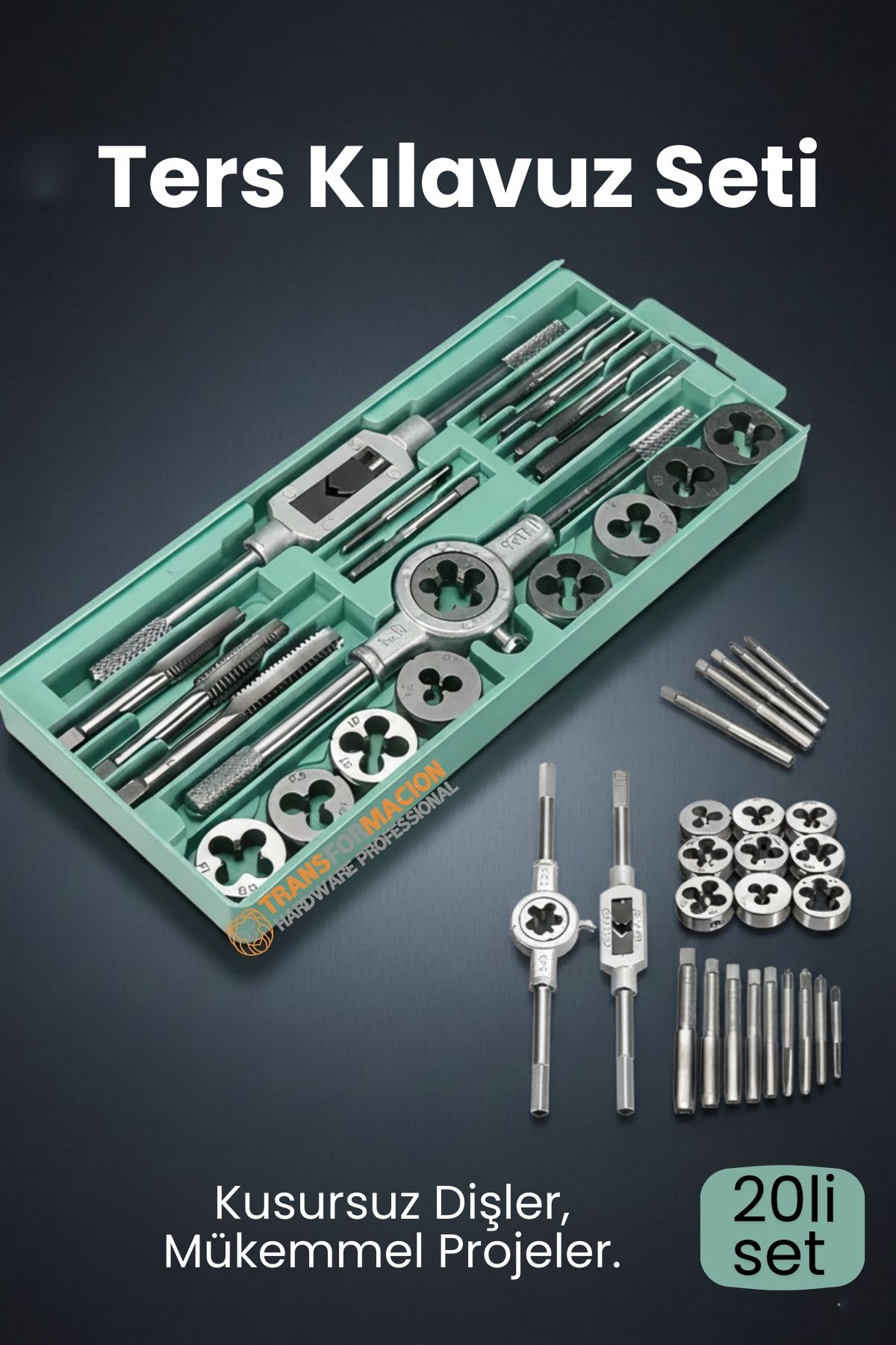 20 Parça Profesyonel Metrik Ters Kılavuz ve Pafta Seti M3-M12 - Hassas Diş Açma ve Onarım Takımı 722464