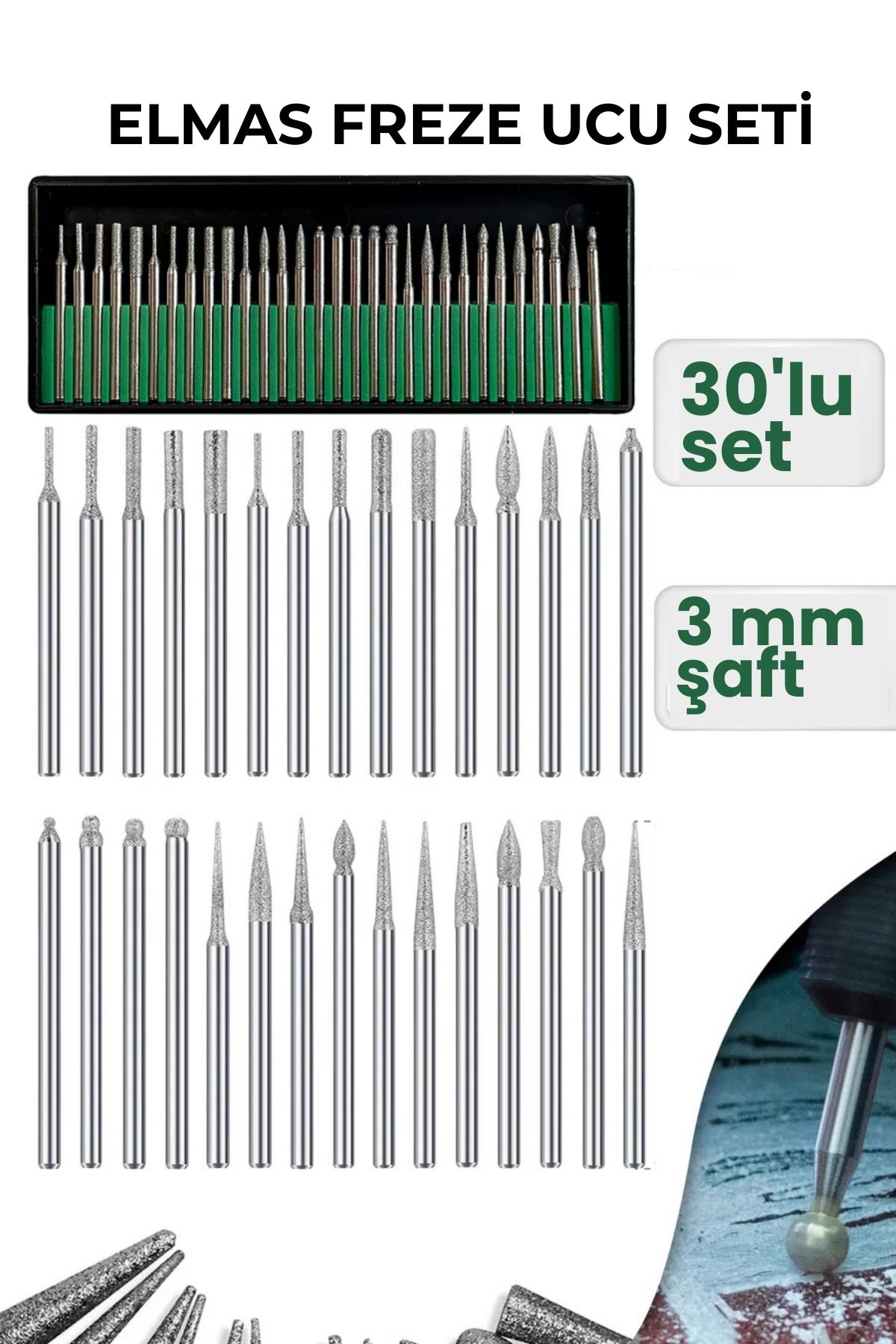 30 Parça Elmas Freze Ucu Seti - 3mm Şaft Profesyonel Gravür, Oyma ve Hassas Taşlama Seti 722639