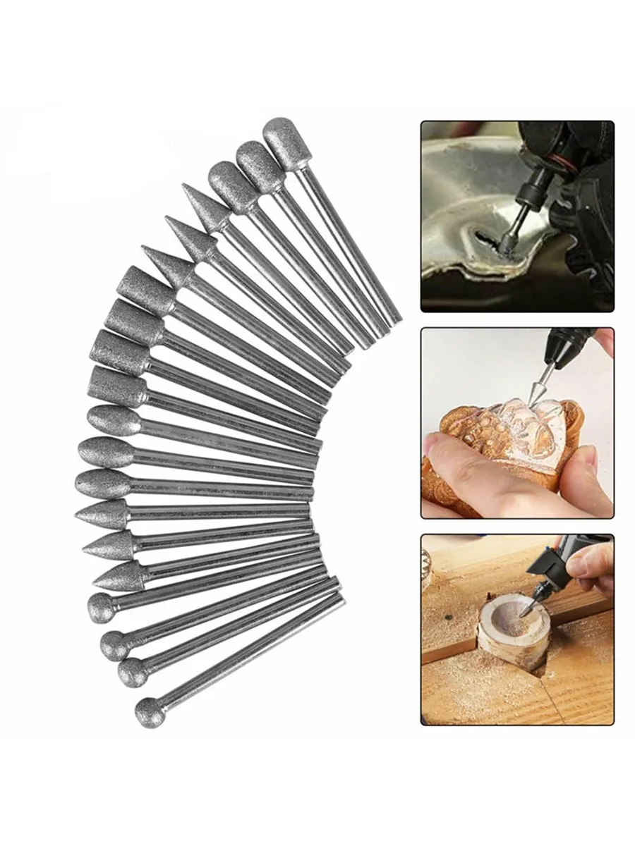 20 Parça Profesyonel Elmas Freze Ucu Seti - 3mm Şaft Gravür, Taş ve Cam İşleme Taşlama Seti 722641