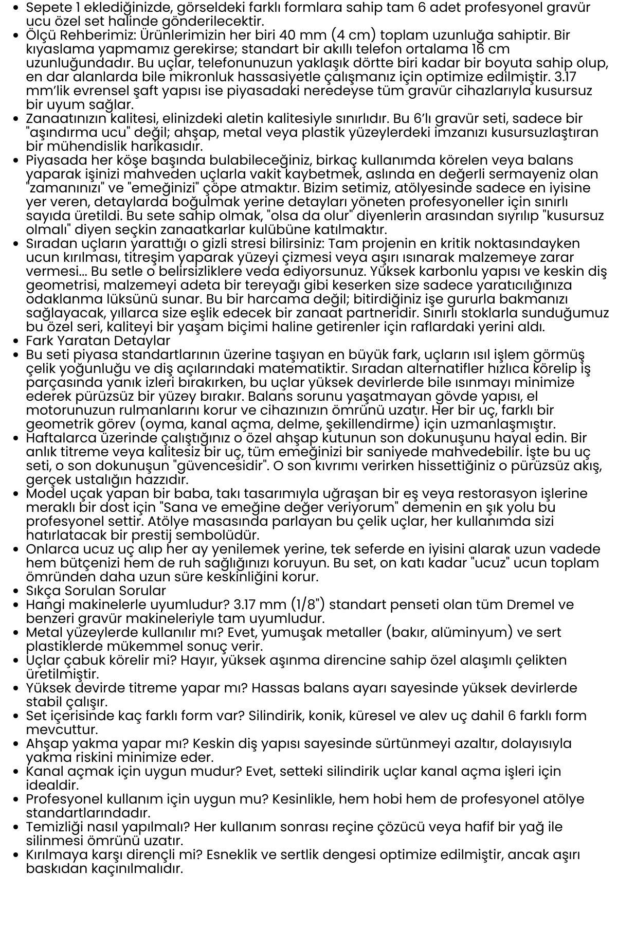 Premium 6’lı Karbür Gravür ve Taşlama Uç Seti – 3.17mm Şaft Profesyonel Oyma ve Aşındırma Seti 722640