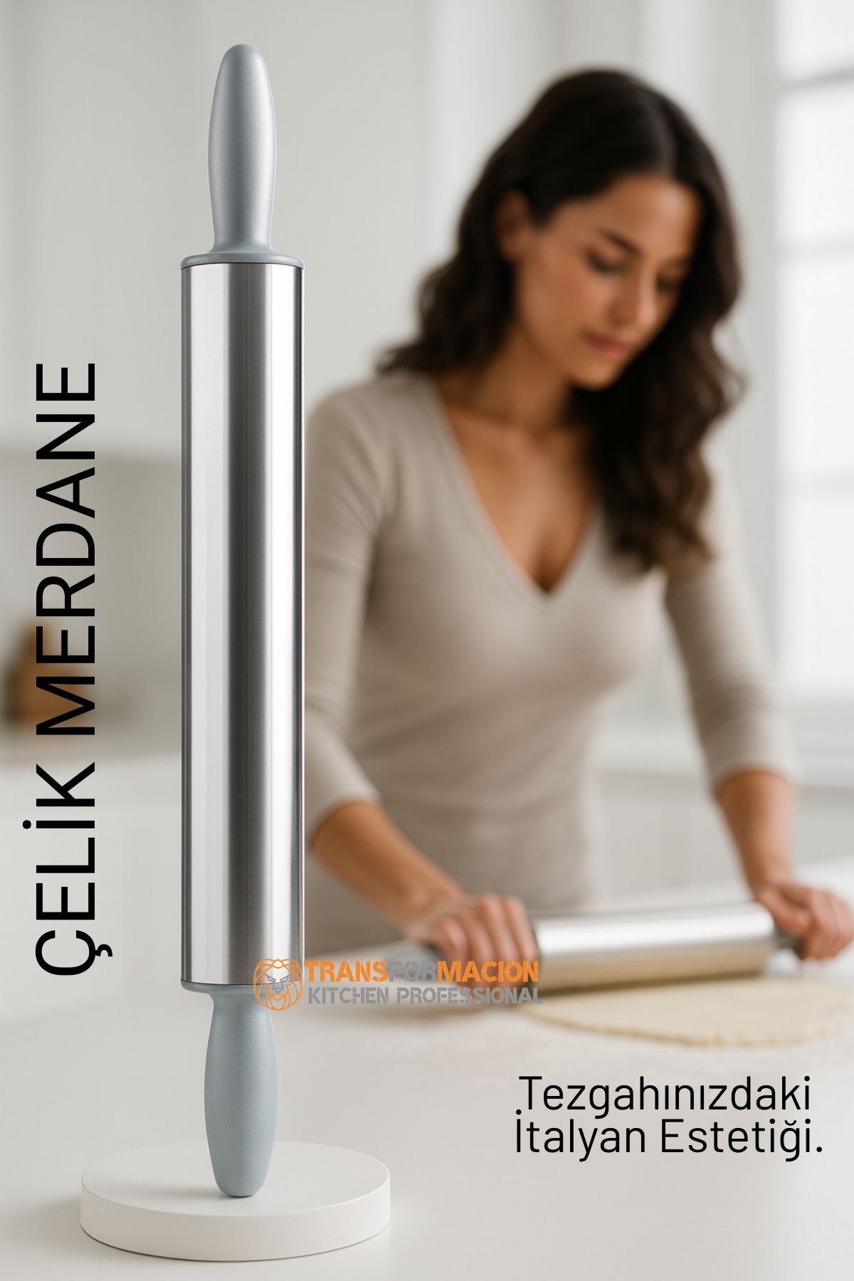 Çelik Merdane - Profesyonel Hamur Açma Merdanesi - 304 Paslanmaz Çelik Mutfak Merdanesi 722659