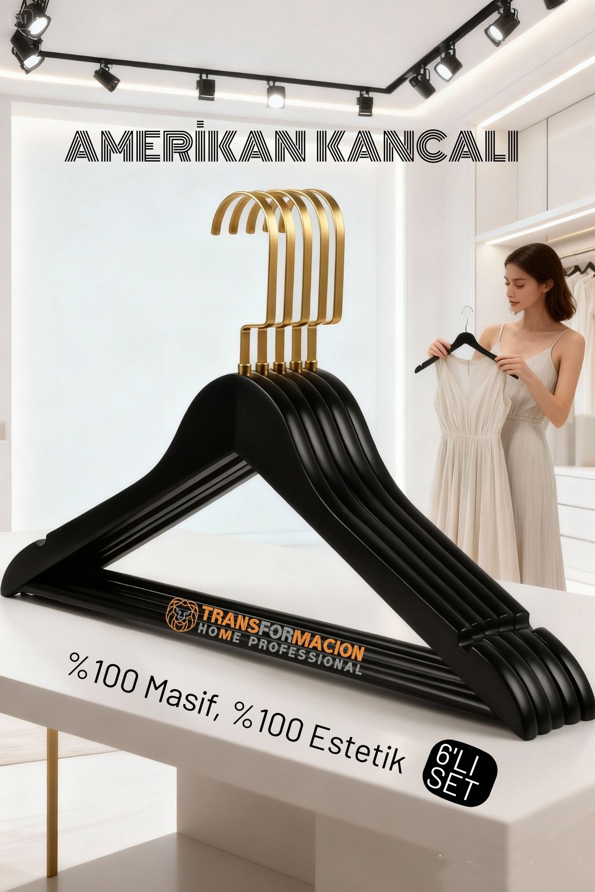 LasVegas Ahşap Elbise Askısı - 6'lı Set, Lüks Amerikan Kancalı Gardırop Düzenleyici 722663