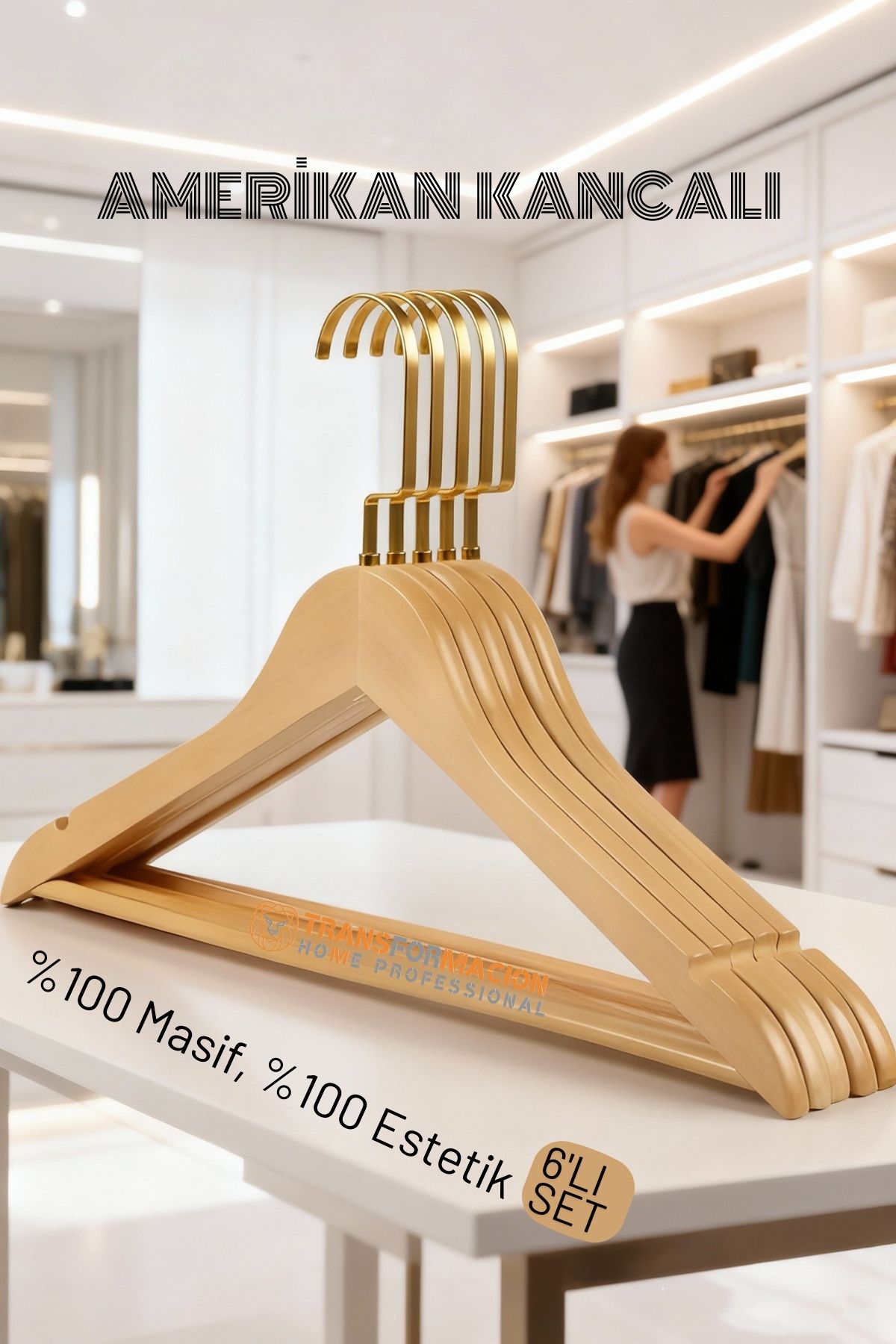 LasVegas Ahşap Elbise Askısı - 6'lı Set, Lüks Amerikan Kancalı Gardırop Düzenleyici 722664
