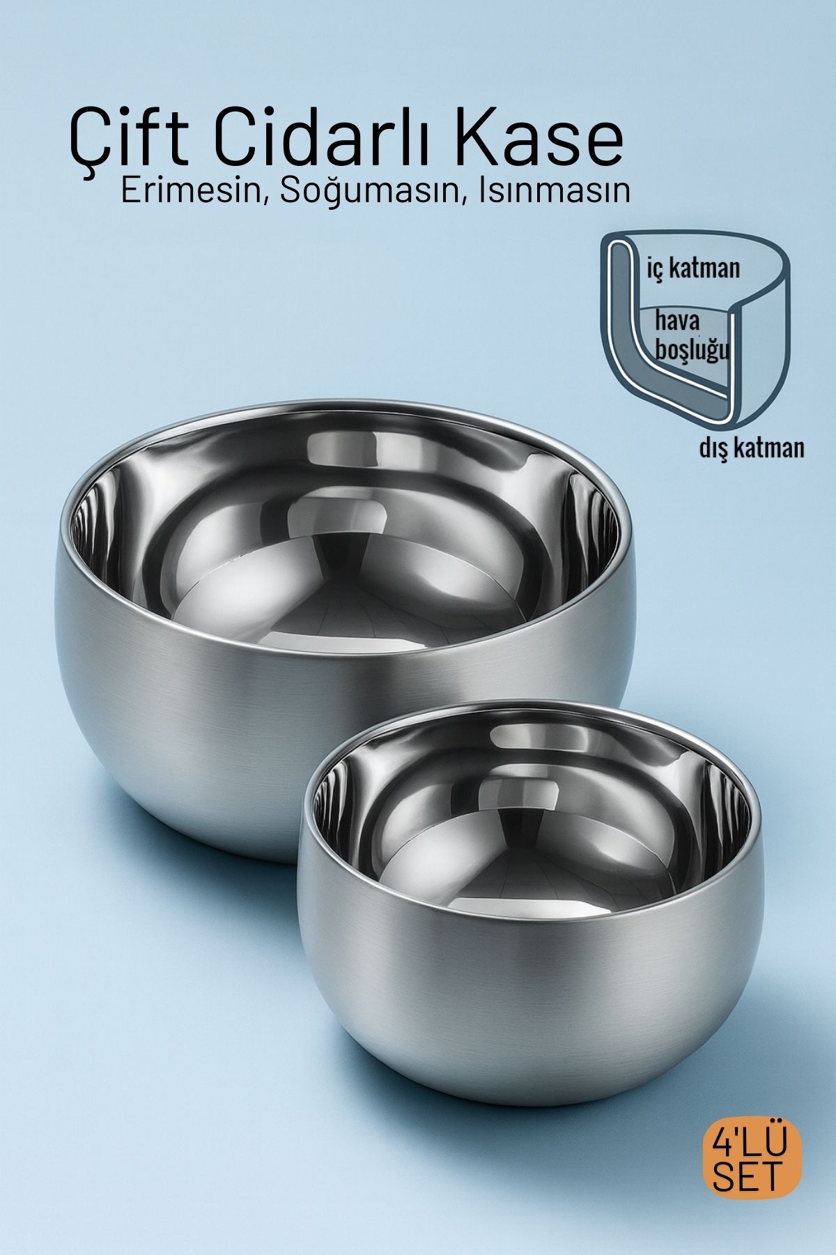 Çift Cidarlı Isı Yalıtımlı 4'lü Lüks Kase Seti (16cm & 18cm) Premium 304 Paslanmaz Çelik 722668