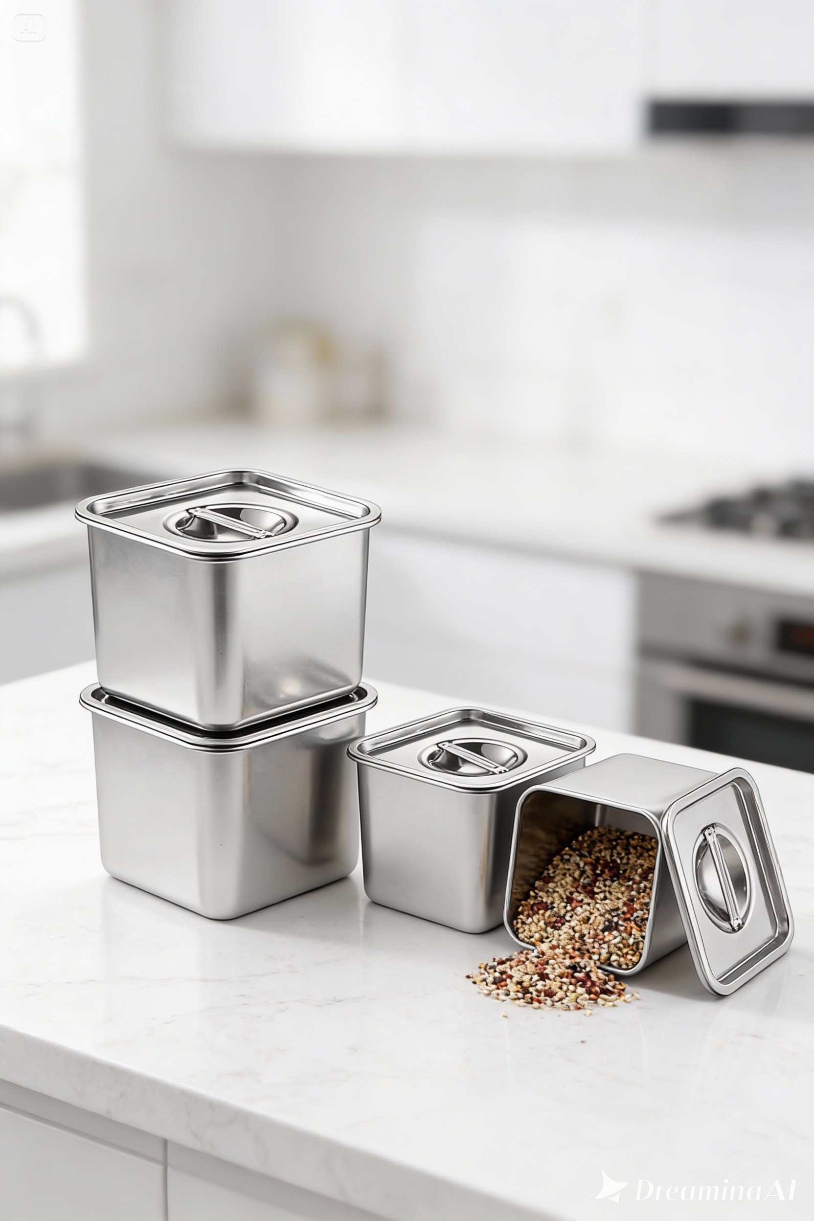4'lü Inox Saklama Kabı - Hava Sızdırmaz Mutfak Düzenleyici 304 Paslanmaz Çelik 722671