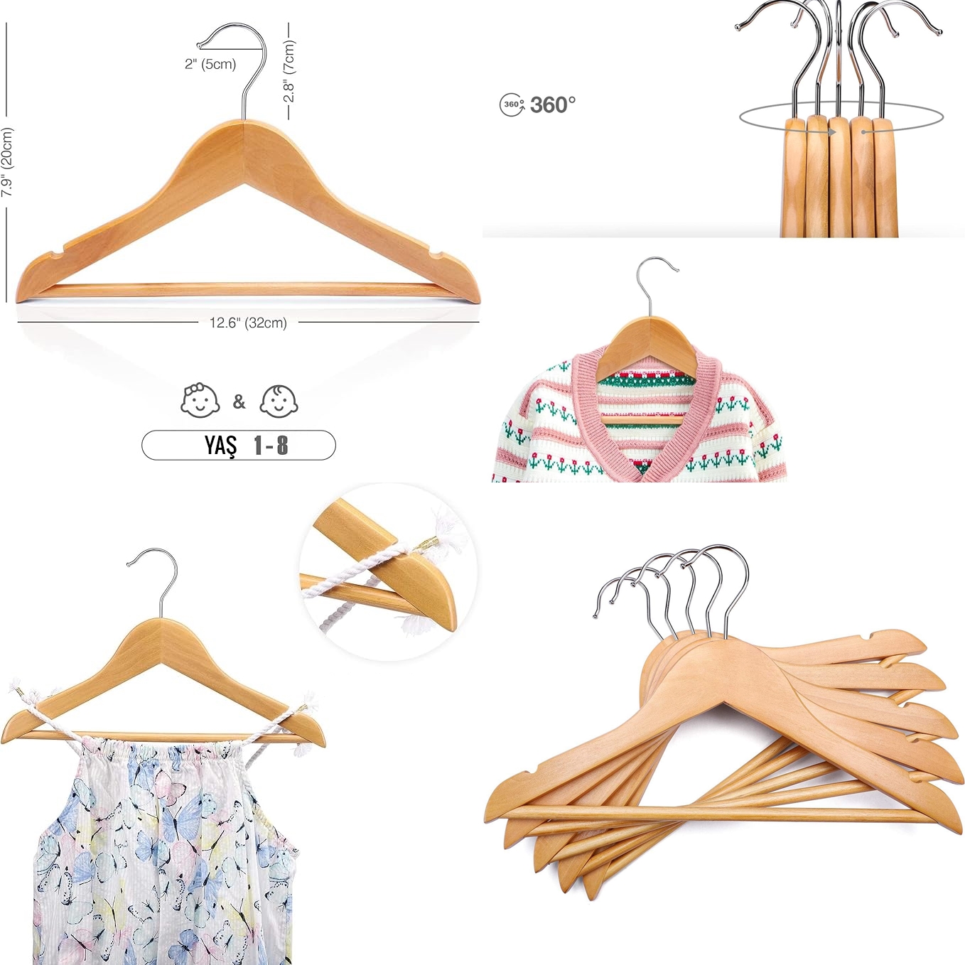 6'lı Lüks Masif Ahşap Çocuk Askı Seti - Elena Rostova Stil Seçkisi - 30 cm 722710