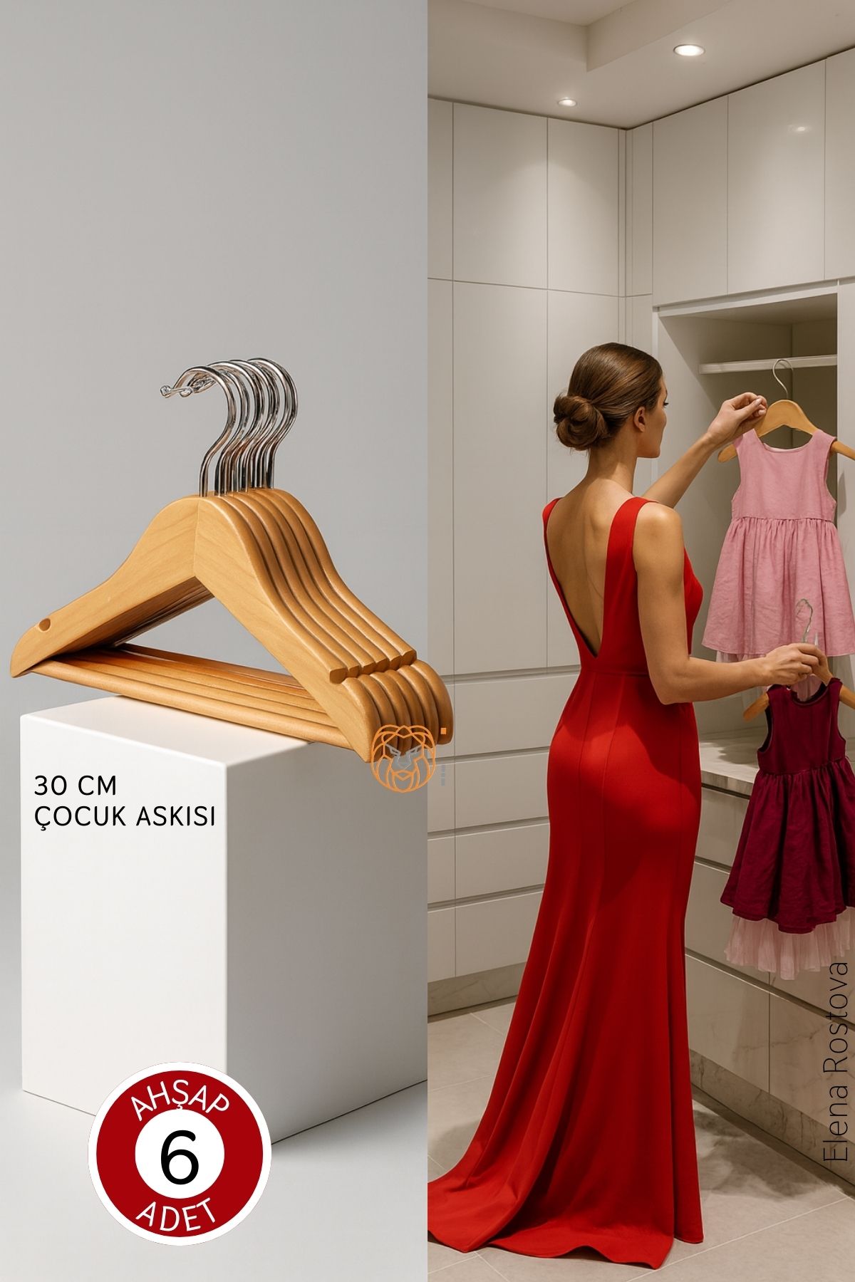 6'lı Lüks Masif Ahşap Çocuk Askı Seti - Elena Rostova Stil Seçkisi - 30 cm 722710