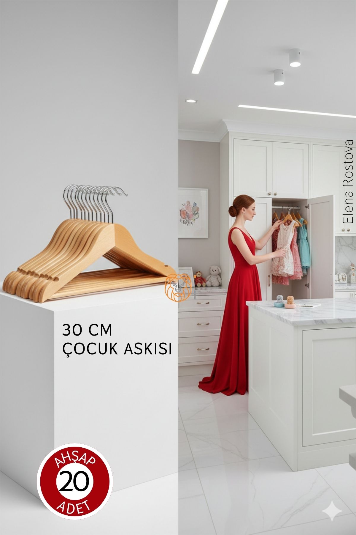 20'li Lüks Masif Ahşap Çocuk Askı Seti - Elena Rostova Stil Seçkisi - 30 cm 722711