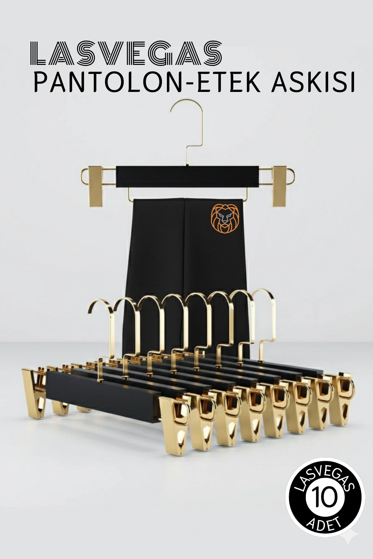 LasVegas  Siyah Ahşap Pantolon ve Etek Askı Seti 10'lu Set, Lüks Amerikan Kancalı 722714