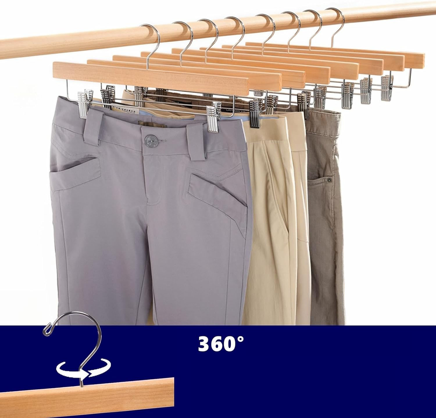 12 Adet Ahşap Pantolon Etek Askısı - Ayarlanabilir Gümüş Mandallı 36cm Organizer Set 722715