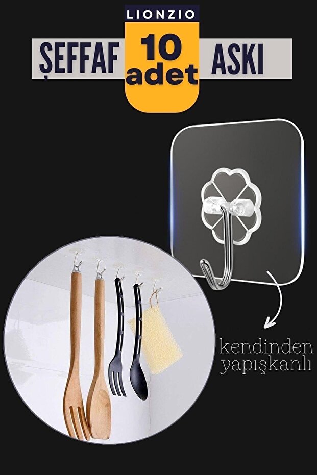 10'lu Şeffaf Kendinden Yapışkanlı Güçlü Askı Kancası, Banyo Mutfak Organizer, İz Bırakmaz Pratik Askı  
