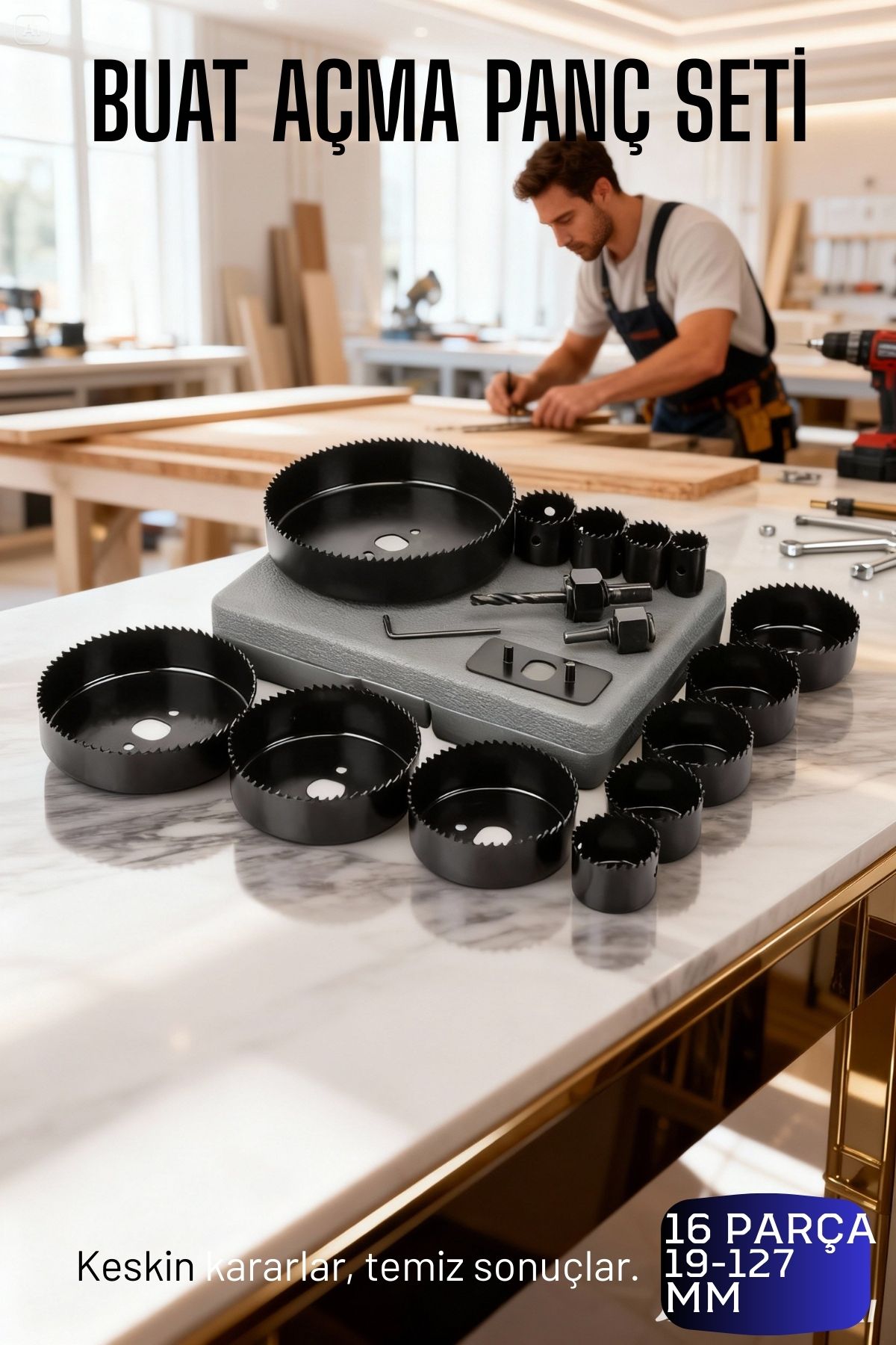 16 Parça Profesyonel Panç Buat Açma Seti - Ahşap ve Alçıpan Delme Testere Seti (19-127 mm) 