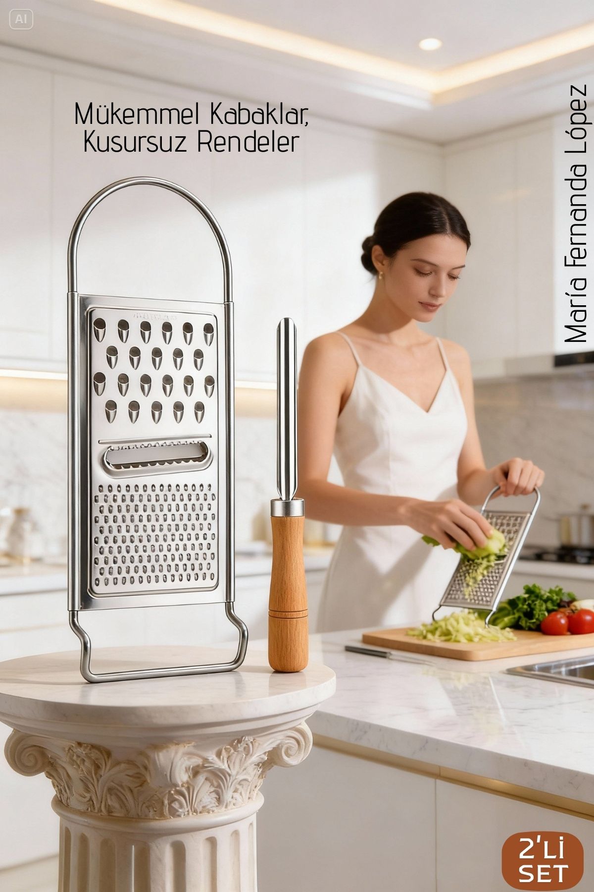 Paslanmaz Çelik El Rendesi ve Ahşap Saplı Kabak Oyacağı - 2'li Profesyonel Mutfak Hazırlık Seti 