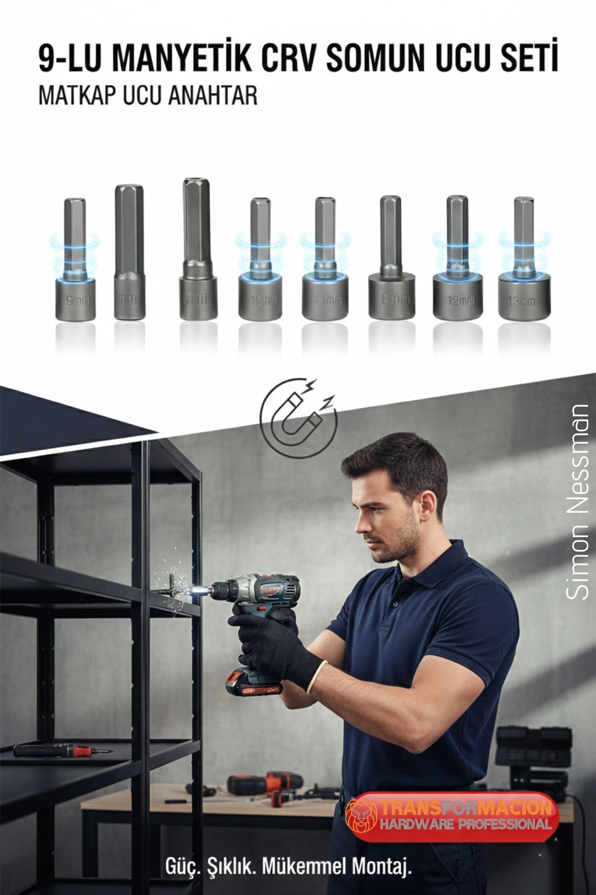 9 Parça Mıknatıslı Somun Sıkma Ucu Seti - Manyetik CR-V Çelik Matkap Ucu Adaptörü 