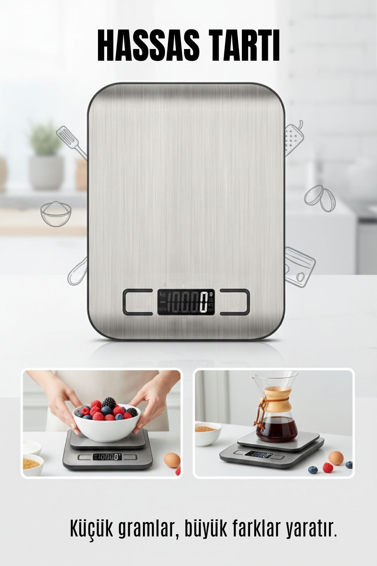 Dijital Hassas Mutfak Tartısı 10kg/1g - Paslanmaz Çelik Profesyonel Kuyumcu ve Diyet Terazisi 