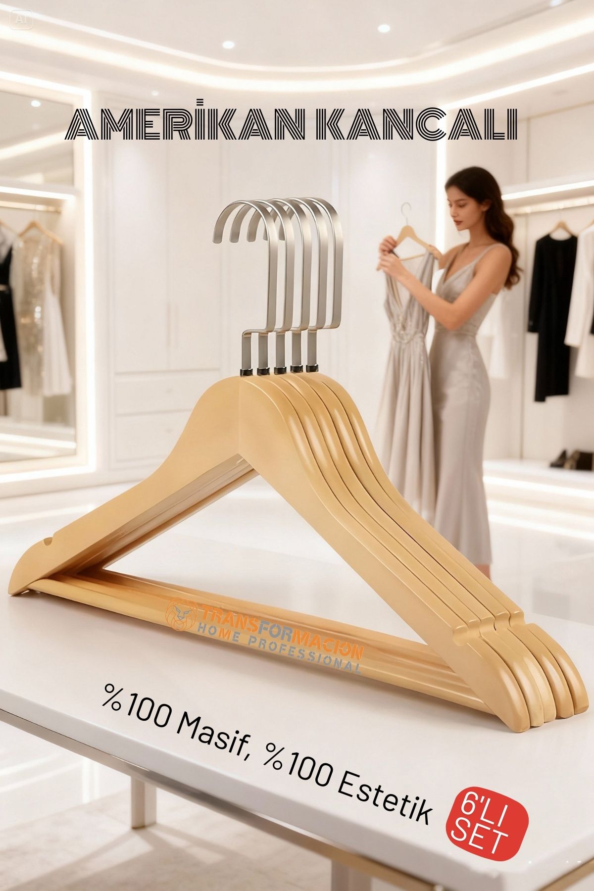 LasVegas Ahşap Elbise Askısı - 6'lı Set, Lüks Amerikan Kancalı Gardırop Düzenleyici 