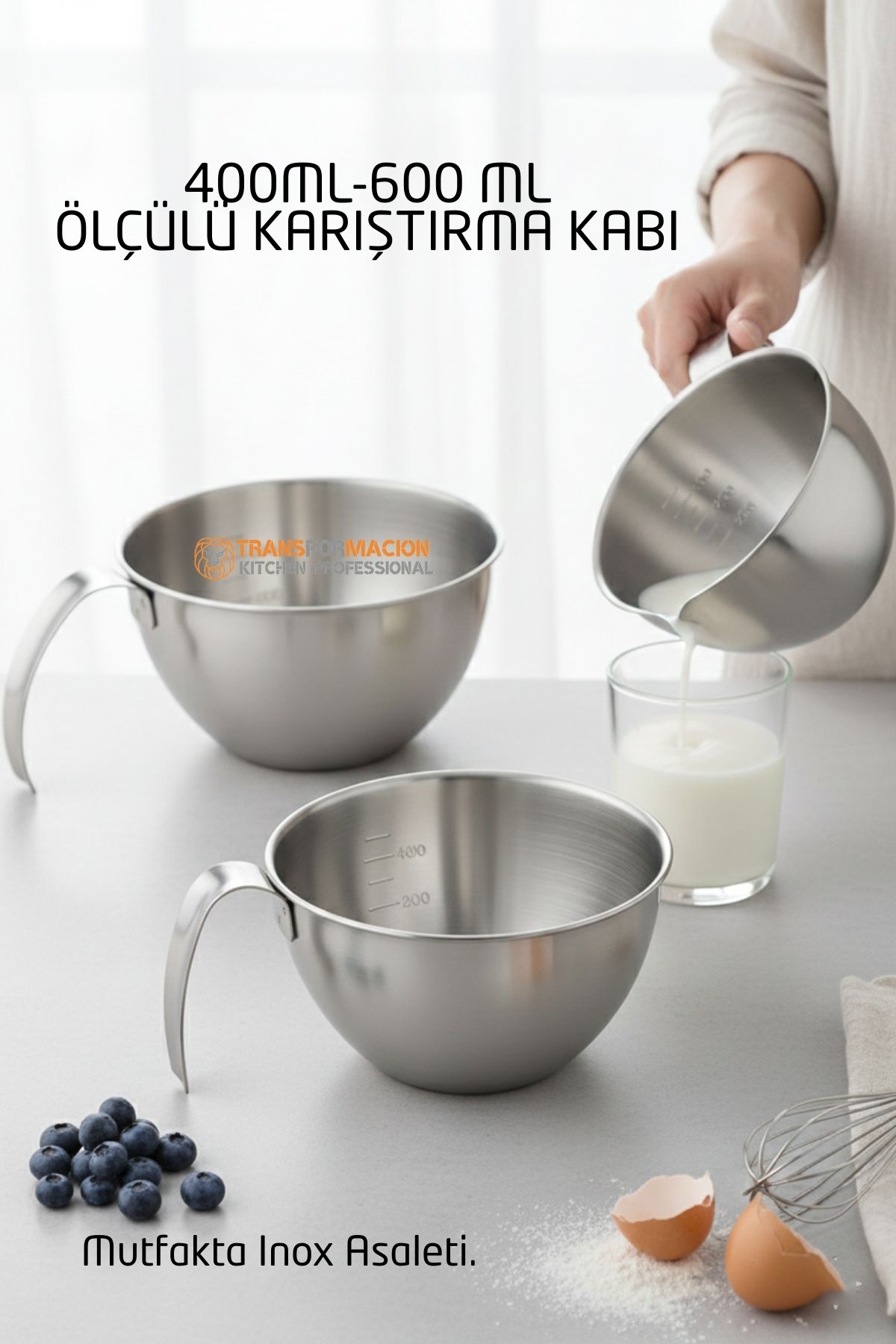 Inox Çelik Profesyonel Ölçülü Karıştırma Kabı Seti -400-600 ml Sos & Hazırlık Şefi Serisi 