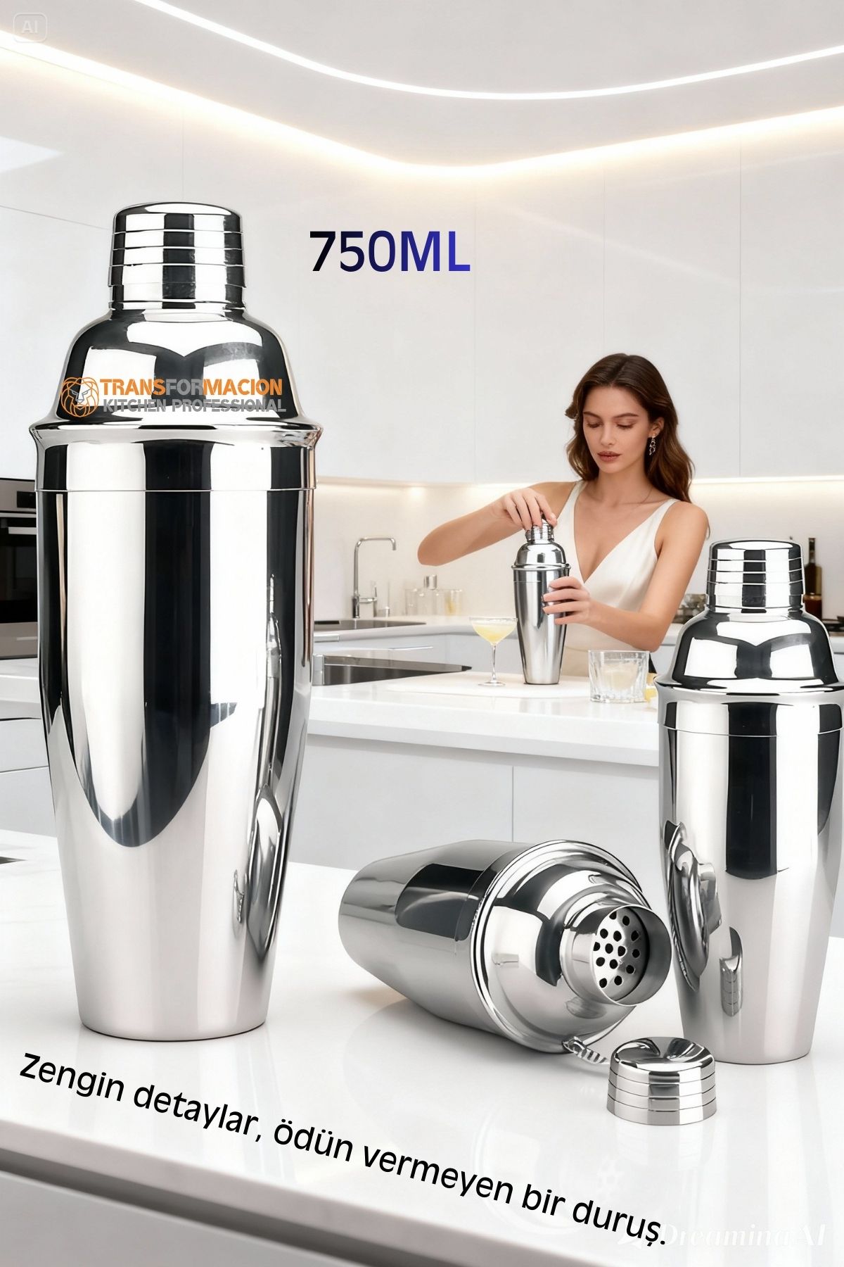 750 ml Inox Shaker - Kokteyl Karıştırma Kabı  Süzgeçli Bar Shaker Paslanmaz Çelik 
