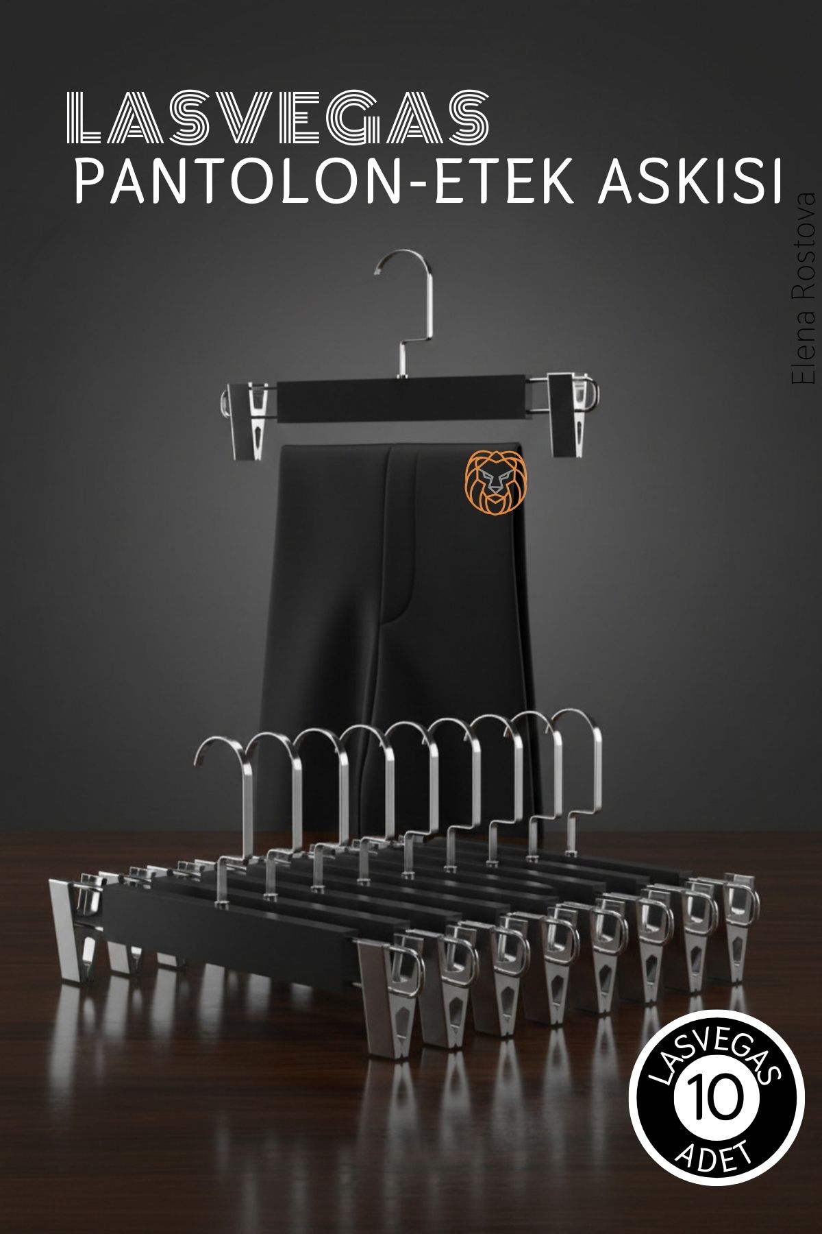 LasVegas  Siyah Ahşap Pantolon ve Etek Askı Seti 10'lu Set, Lüks Amerikan Kancalı 