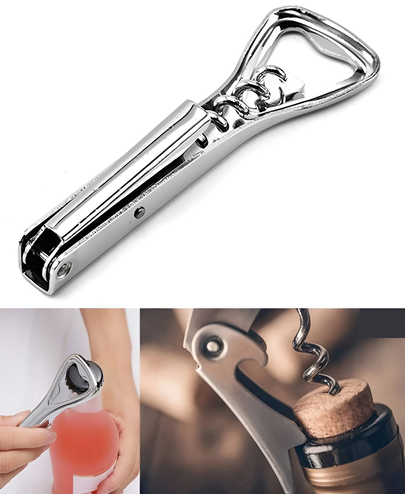 3’ü 1 Arada Profesyonel Çelik Tirbüşon: Lüks Şişe ve Kavanoz Açacağı Kombine Set 722744