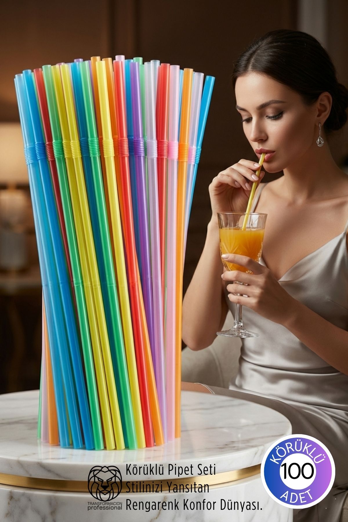 Gökkuşağı Serisi: 100’lü Esnek Körüklü Lüx İçecek Pipeti – 22 cm Premium Sunum Seti 722760