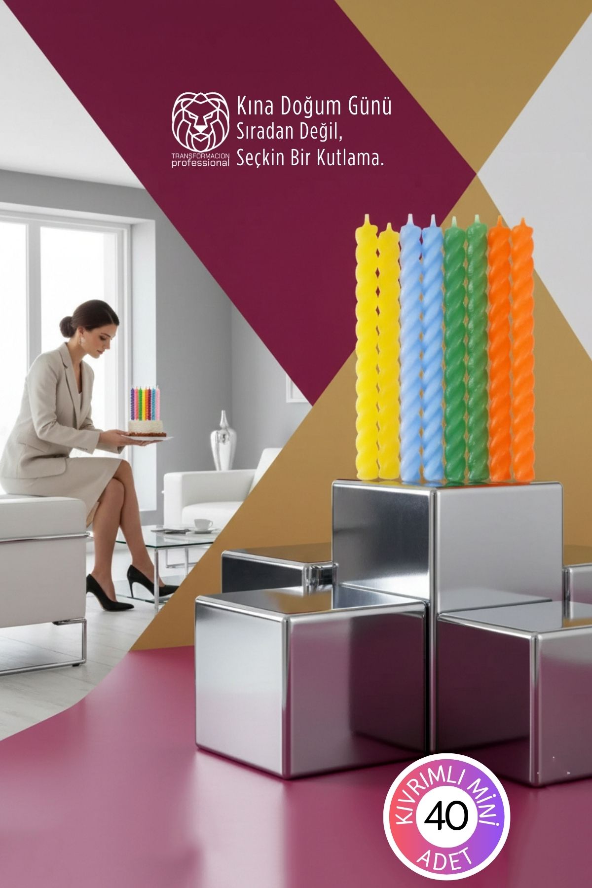 Lüks Burgu Mum Seti: 40’lı Renkli Butik Doğum Günü Kına ve Özel Gün Mumları 8 cm 722765