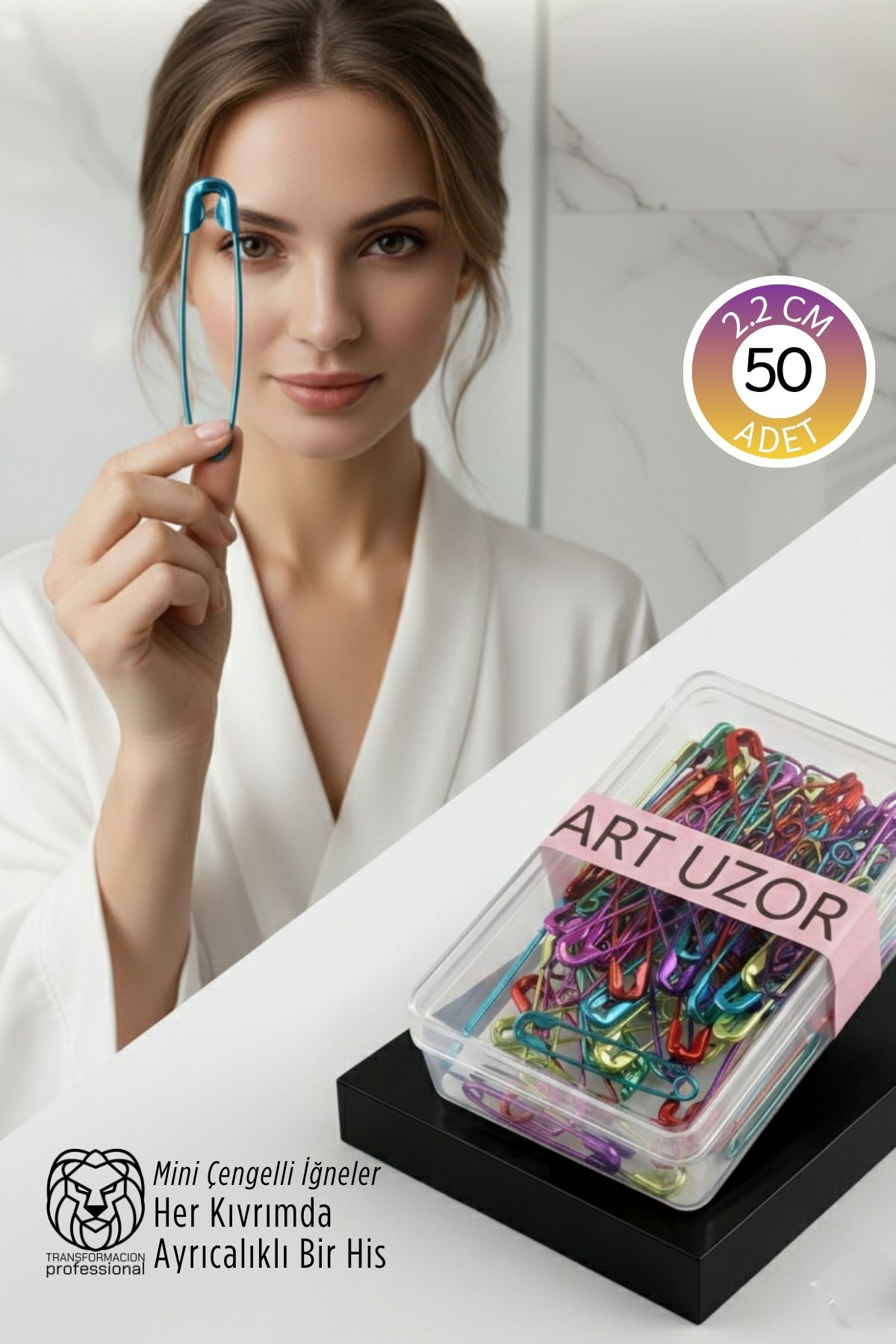 Renkli Mini Çengelli İğne Seti 50 Adet - 2.2 cm Paslanmaz Metal Tasarım, Hobi ve Terzi Aksesuarı 722772