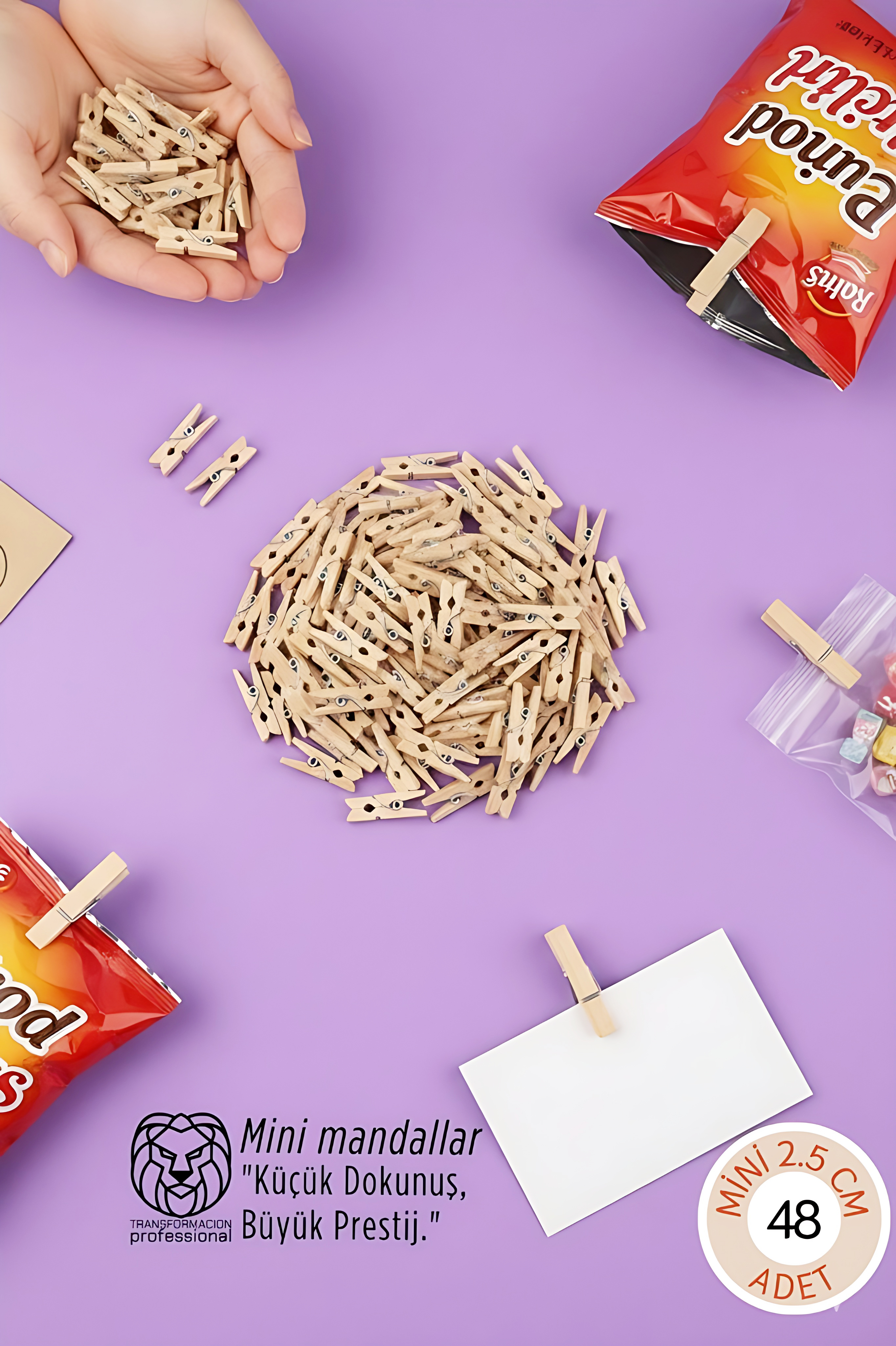 48 Adet Mini Ahşap Mandal 2,5 cm - Fotoğraf Sunum, Paketleme ve Dekoratif Not Tutucu Seti 722781