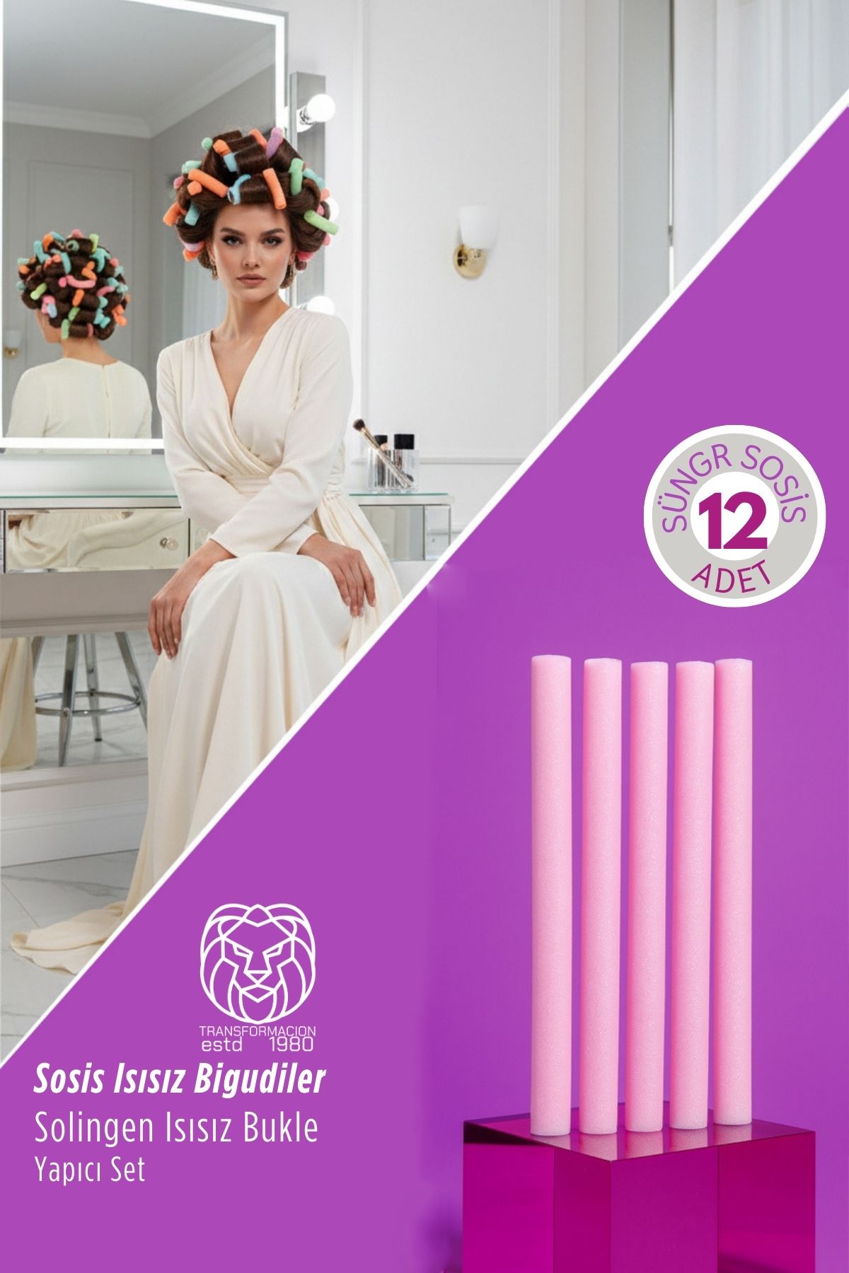 12’li Profesyonel Sünger Sosis Saç Bigudisi – Isısız Doğal Dalgalar Solingen Professional 720501