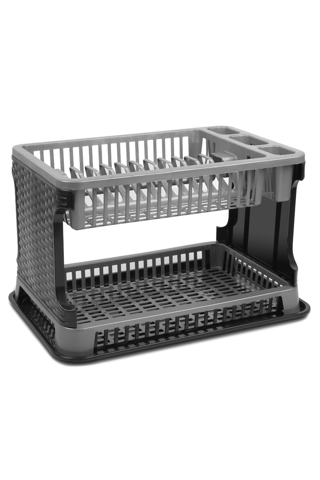 2 Katlı Rattan Dokulu Lüks Bulaşıklık - Kirli Beyaz & Siyah Modern Düzenleyici 722816