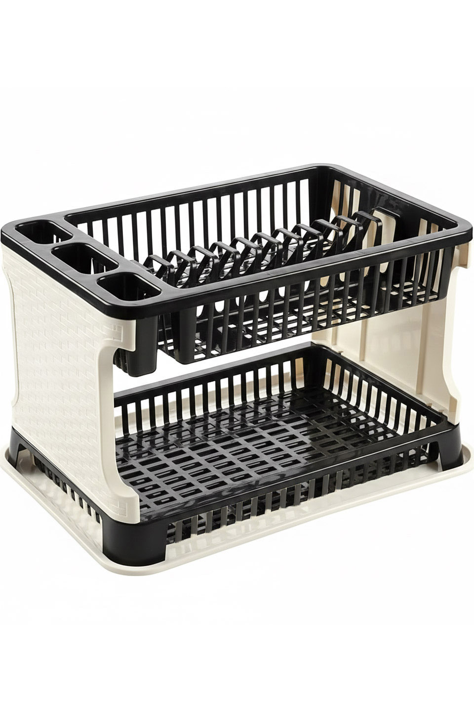 2 Katlı Rattan Dokulu Lüks Bulaşıklık - Kirli Beyaz & Acı Kahve Modern Düzenleyici 722818