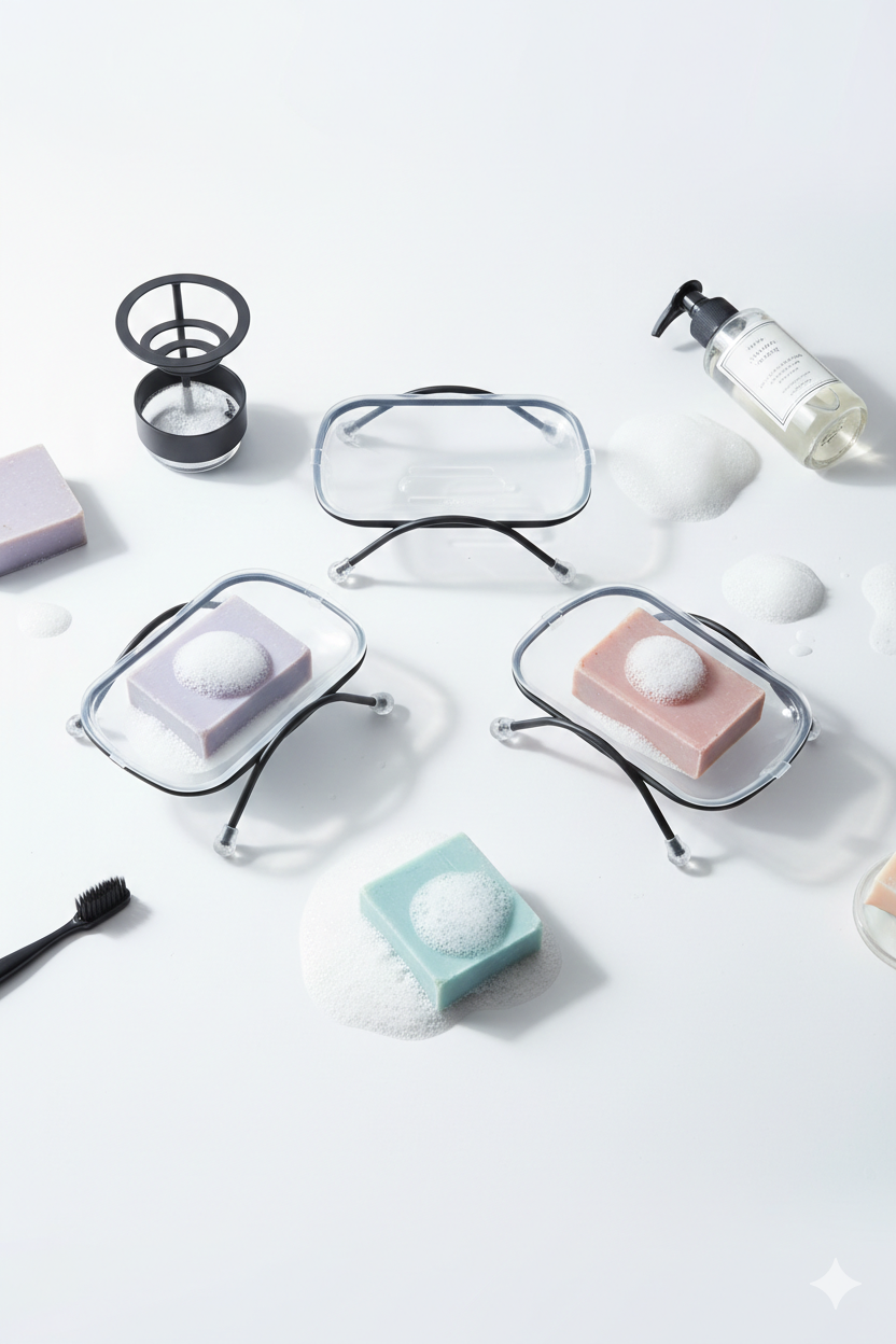 3 lü Ayaklı Sabunluk – Su Giderli, Şeffaf Tasarım, 12 x 9 cm, Tezgah Üstü Kullanım722839