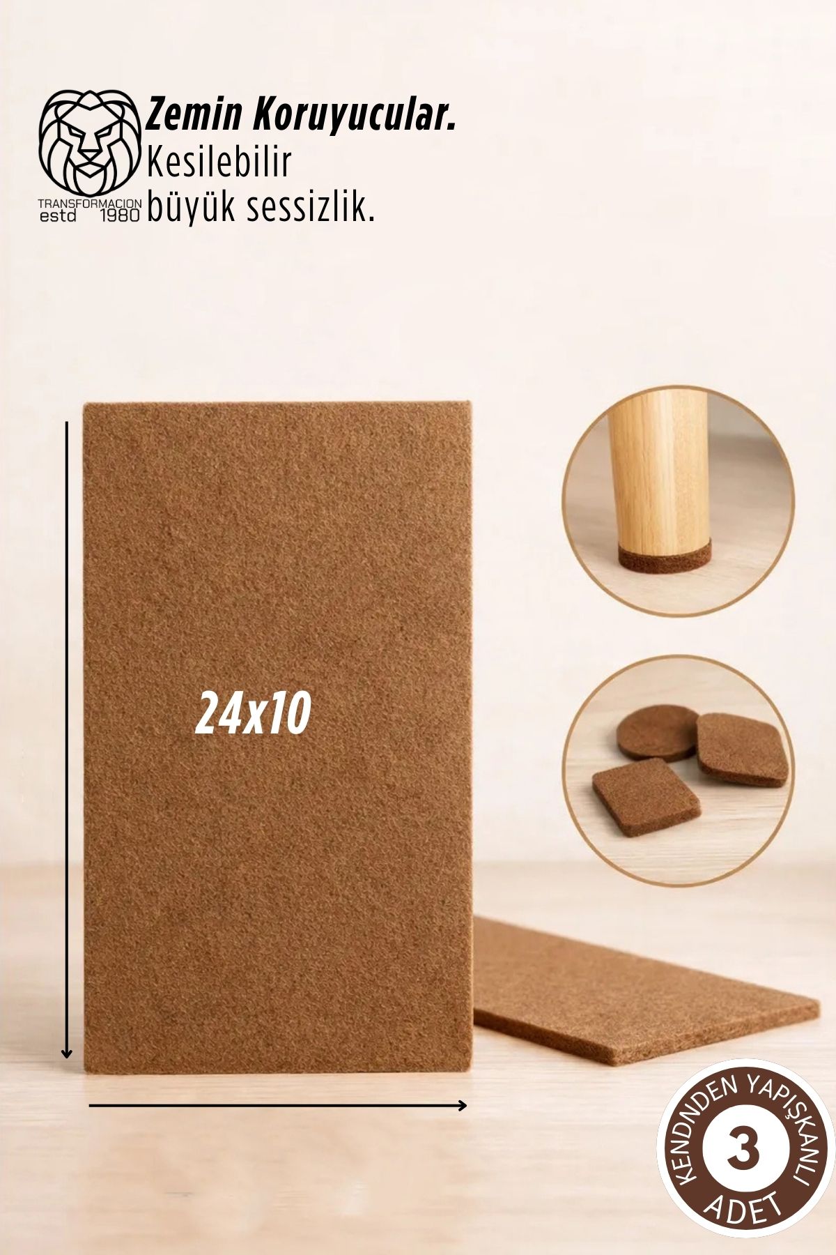 3^lü Premium Zemin Koruyucu Keçe 24x10cm Mobilya Ayak Koruyucu 722851