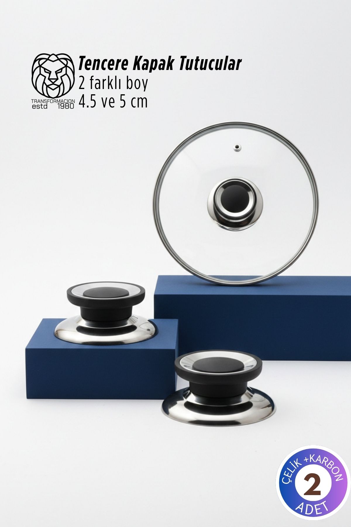 Isadora Serisi 2’li Paslanmaz Çelik Lüks Tencere Kapağı Tutucu Seti - 4.5 - 5 cm Universal 