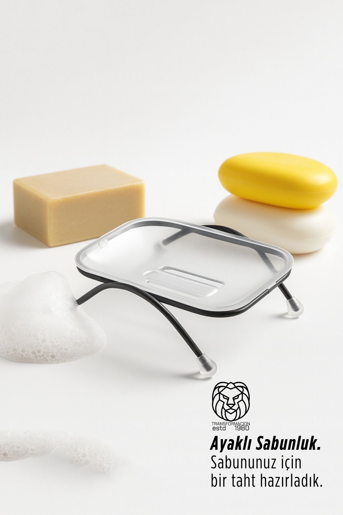 Ayaklı Sabunluk – Su Giderli, Şeffaf Tasarım, 12 x 9 cm, Tezgah Üstü Kullanım