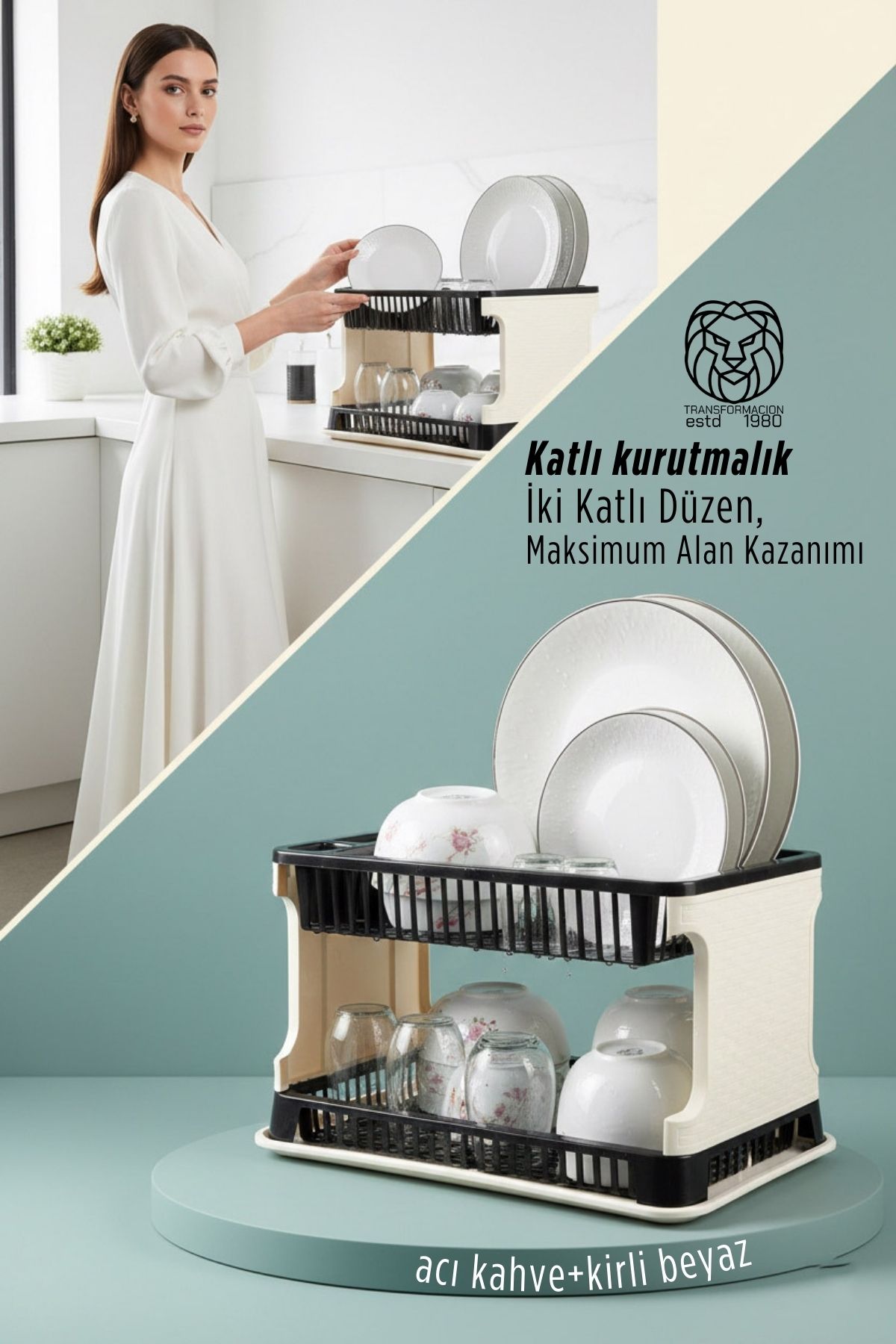 2 Katlı Rattan Dokulu Lüks Bulaşıklık - Kirli Beyaz & Acı Kahve Modern Düzenleyici 