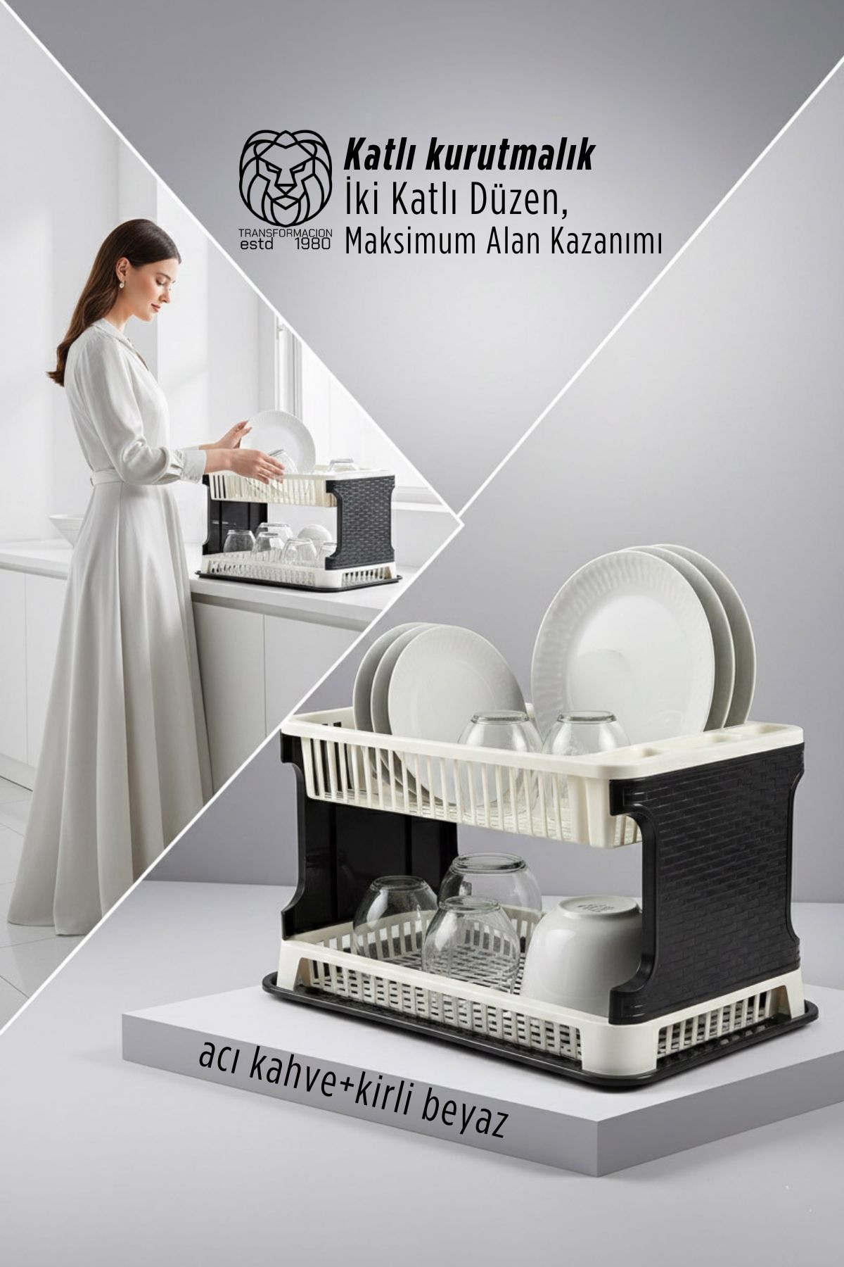 2 Katlı Rattan Dokulu Lüks Bulaşıklık - Kirli Beyaz & Acı Kahve Modern Düzenleyici 