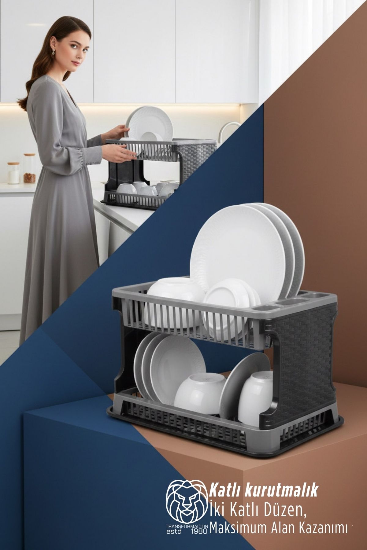 2 Katlı Rattan Dokulu Lüks Bulaşıklık - Kirli Beyaz & Siyah Modern Düzenleyici 